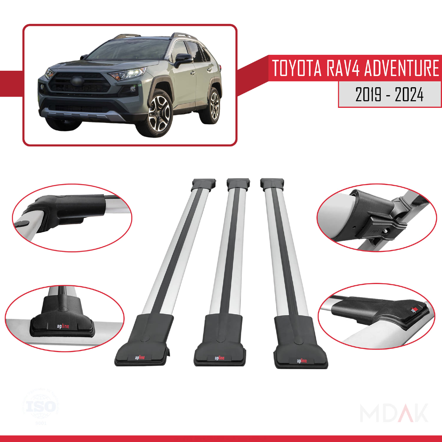 Toyota RAV4 Adventure 2019-2024 Arası ile Uyumlu FLY Model Ara Atkı Tavan Barı Gri 3 Adet - Görsel 4