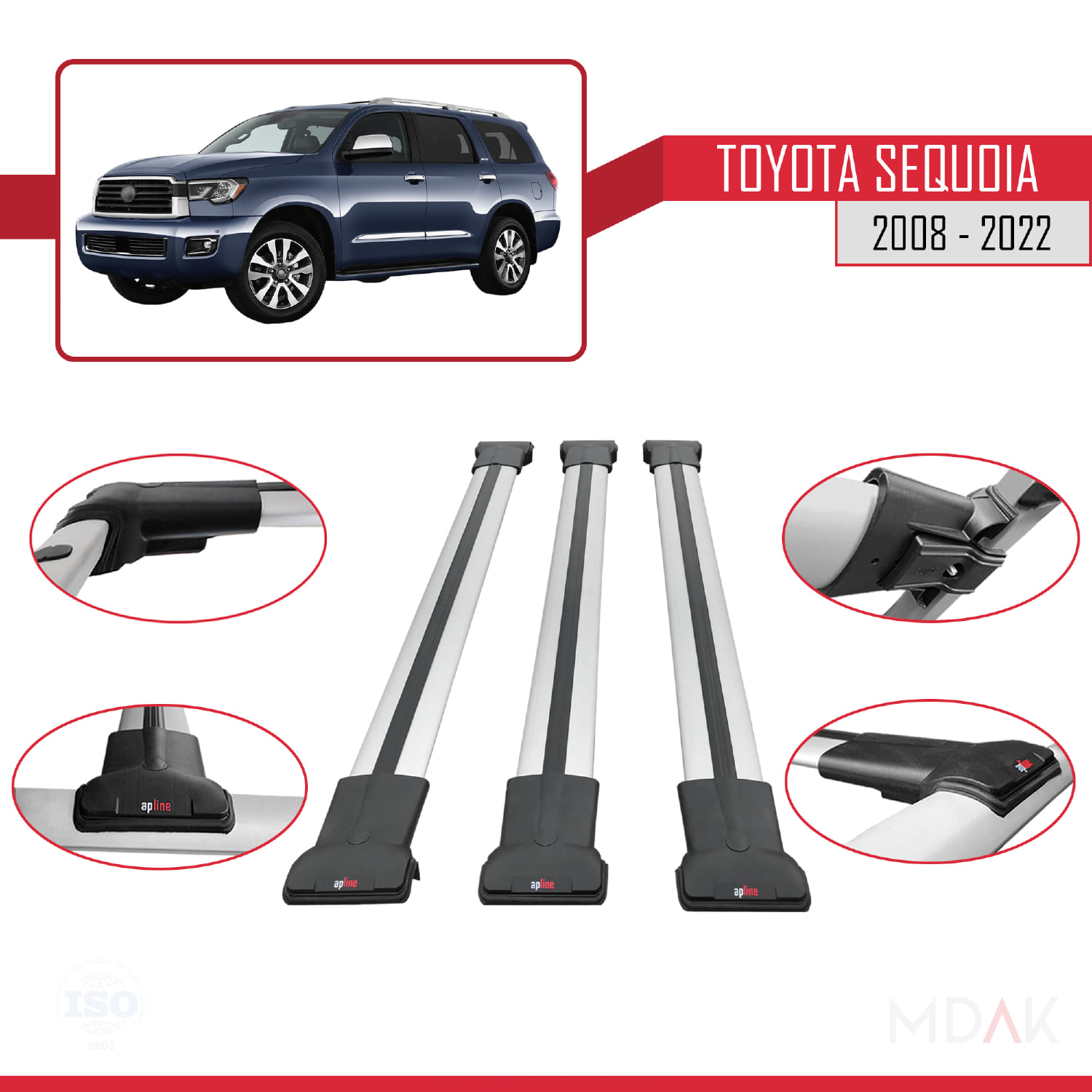 Toyota Sequoia 2008-2022 Arası ile Uyumlu FLY Model Ara Atkı Tavan Barı Gri 3 Adet - Görsel 4