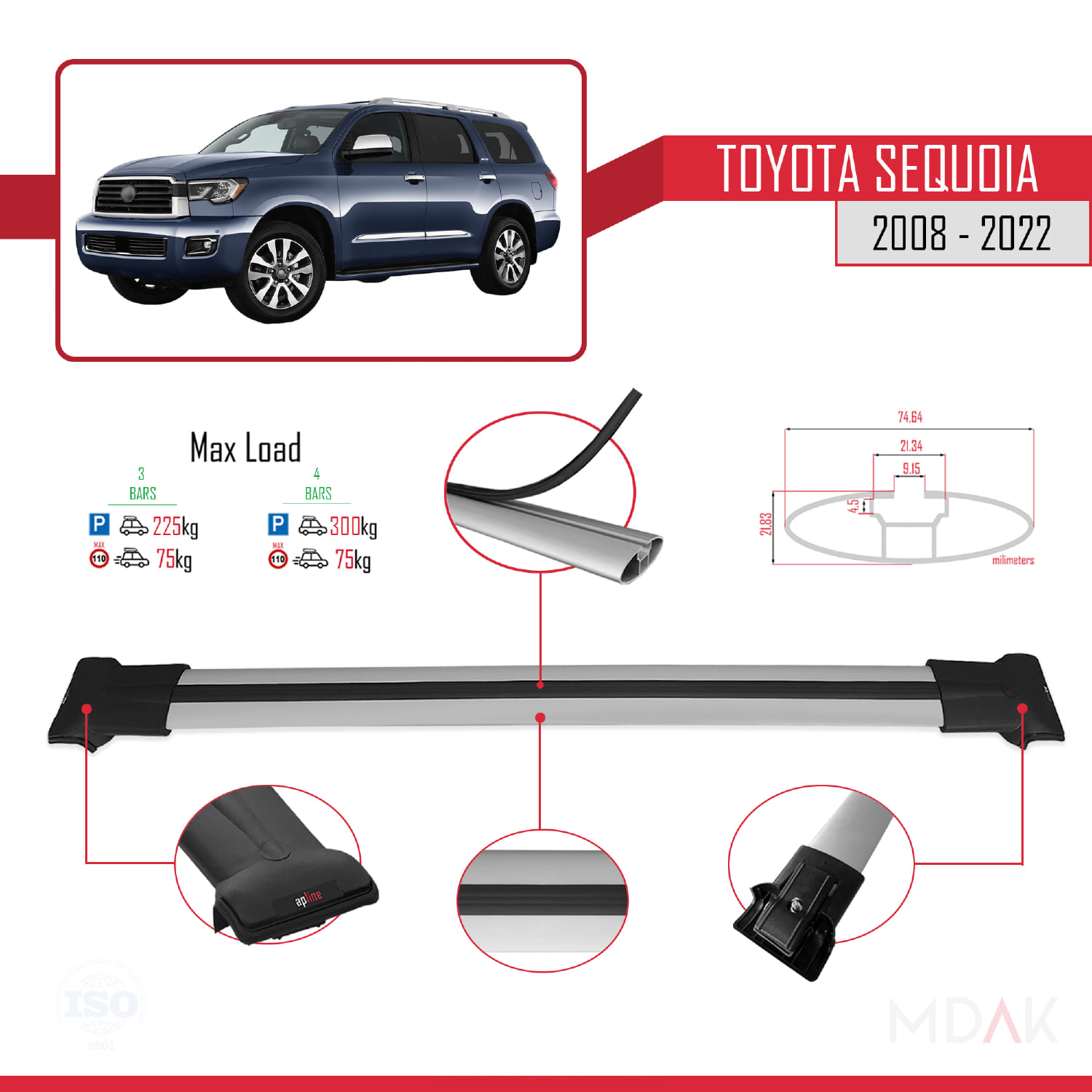 Toyota Sequoia 2008-2022 Arası ile Uyumlu FLY Model Ara Atkı Tavan Barı Gri 4 Adet - Görsel 3