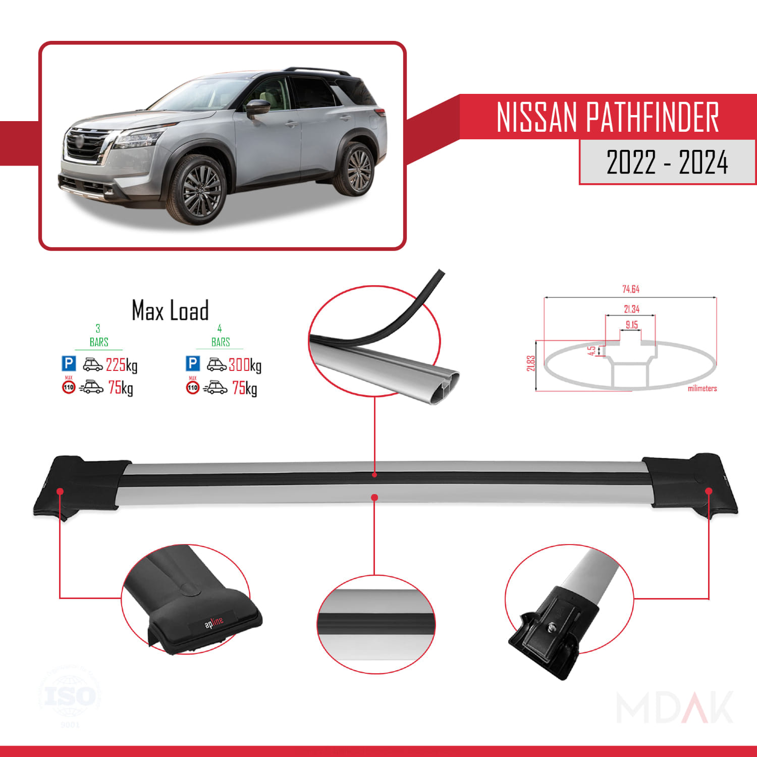 Nissan Pathfinder 2022-2024 Arası ile Uyumlu FLY Model Ara Atkı Tavan Barı Gri 3 Adet - Görsel 3