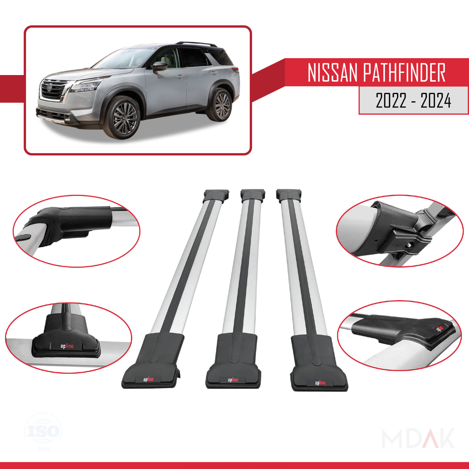 Nissan Pathfinder 2022-2024 Arası ile Uyumlu FLY Model Ara Atkı Tavan Barı Gri 3 Adet - Görsel 4