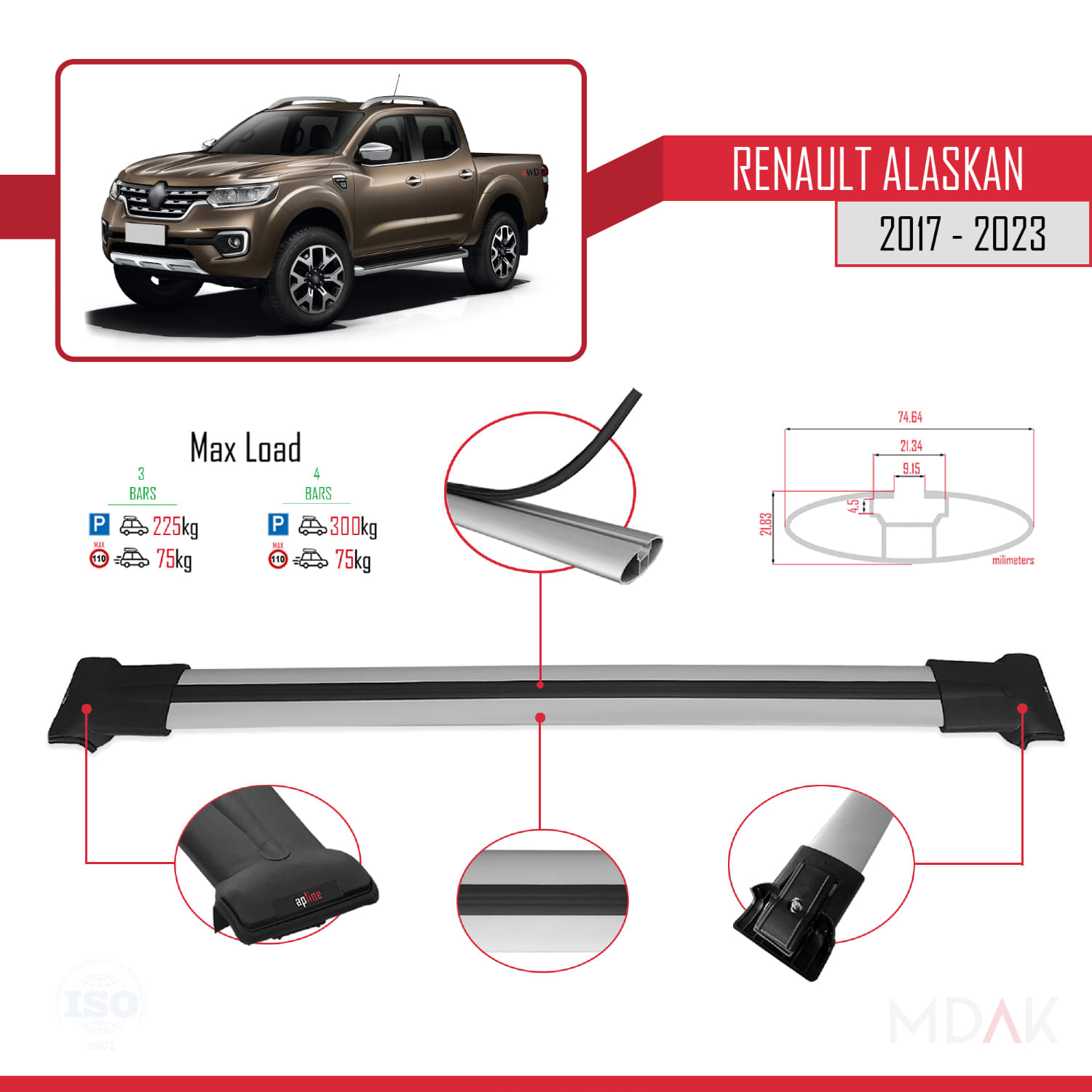 Renault Alaskan 2017-2023 Arası ile Uyumlu FLY Model Ara Atkı Tavan Barı Gri 3 Adet - Görsel 3