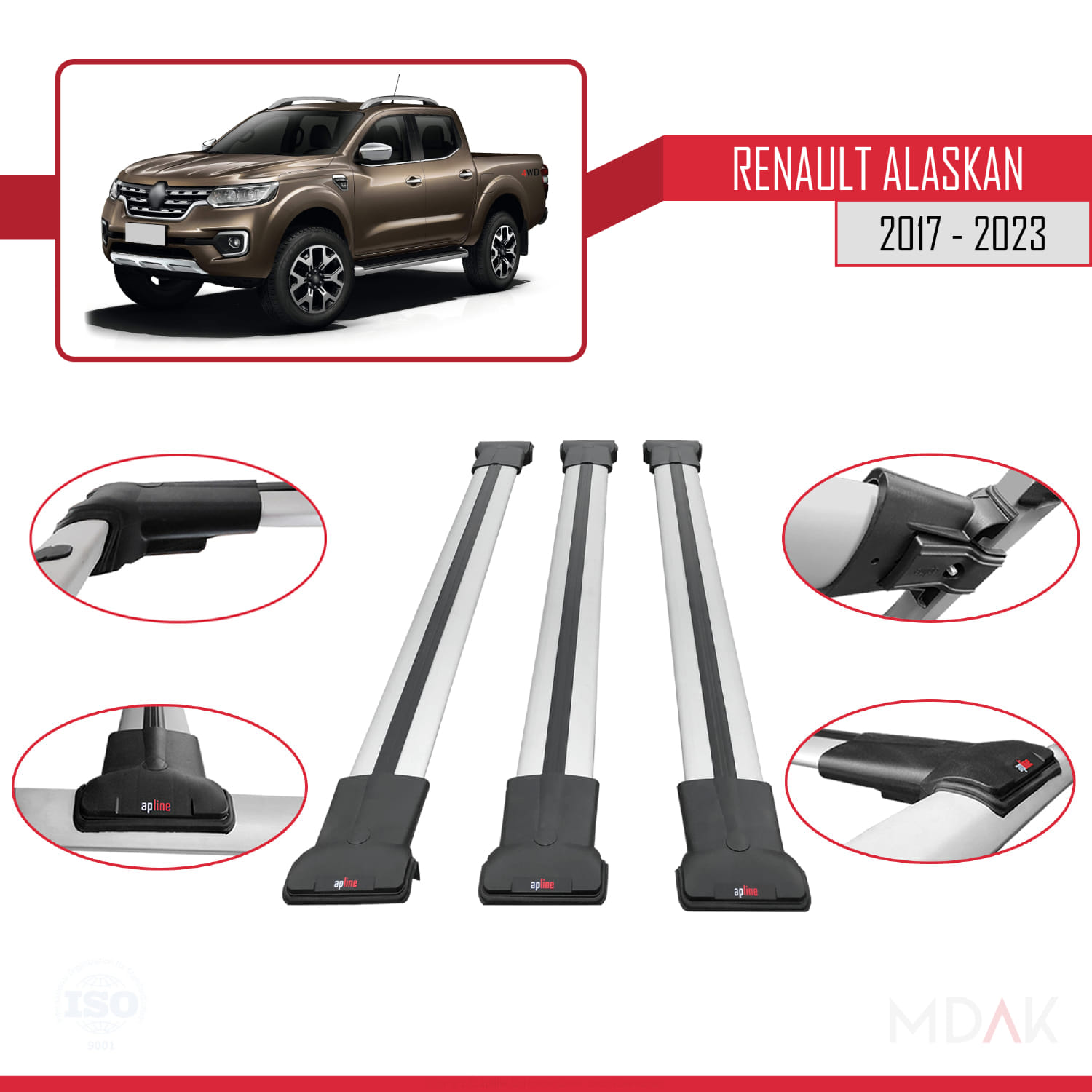 Renault Alaskan 2017-2023 Arası ile Uyumlu FLY Model Ara Atkı Tavan Barı Gri 3 Adet - Görsel 4