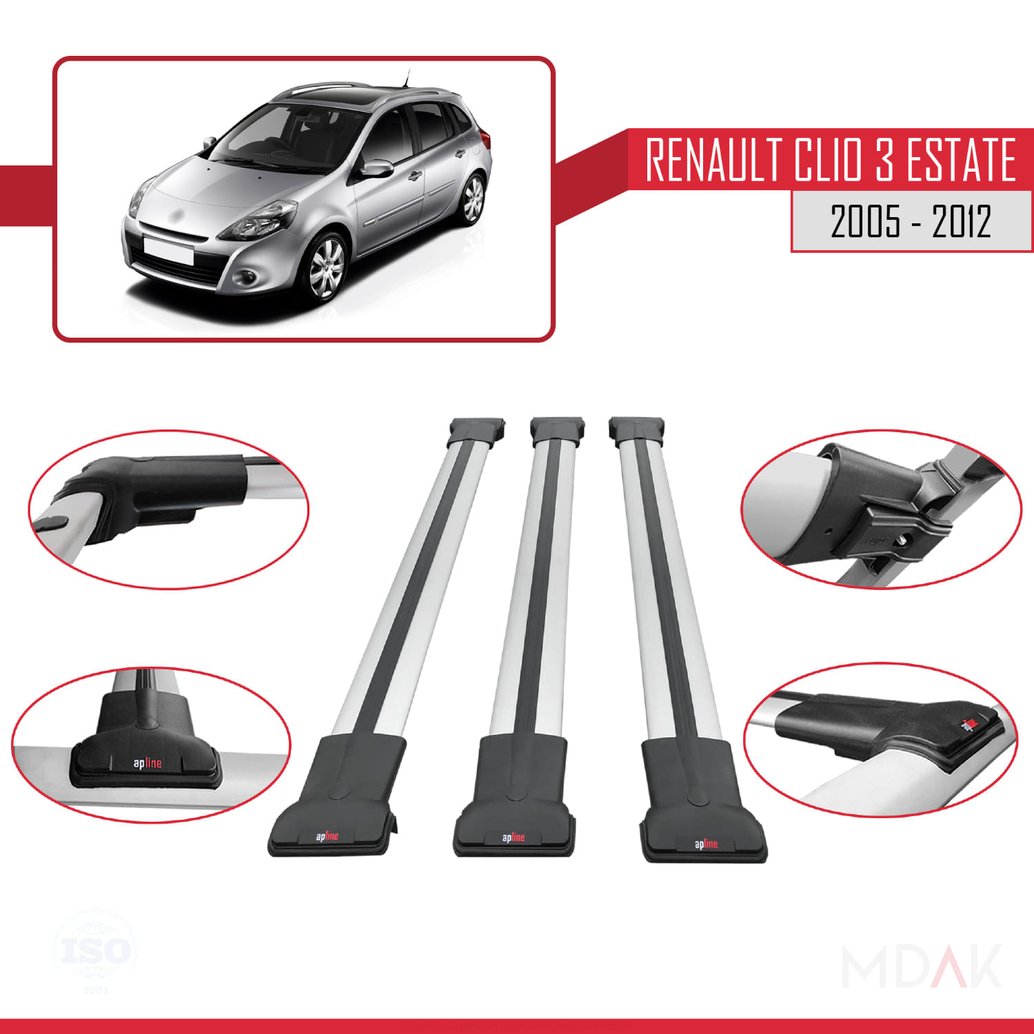 Renault Clio 3 Estate 2005-2012 Arası ile Uyumlu FLY Model Ara Atkı Tavan Barı Gri 3 Adet - Görsel 4