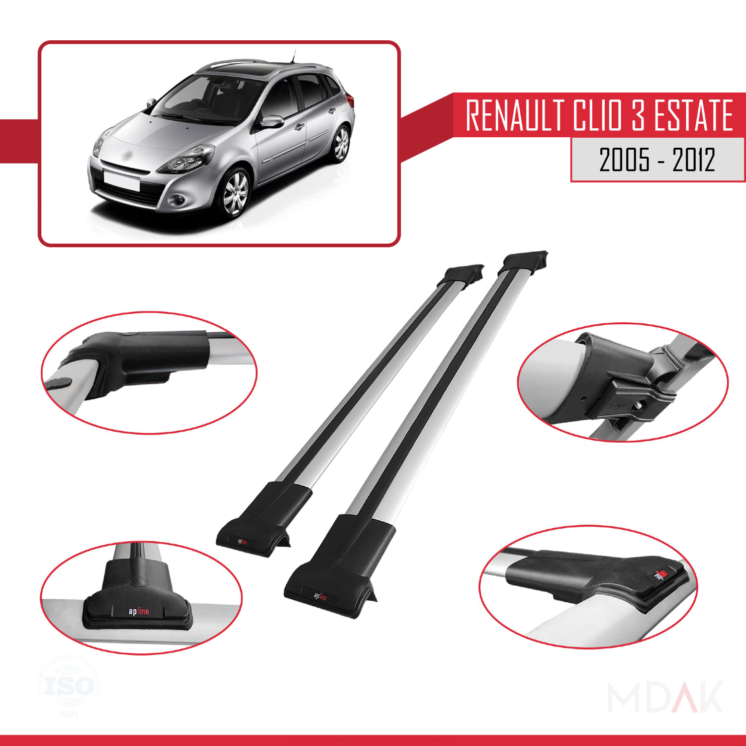 Renault Clio 3 Estate 2005-2012 Arası ile Uyumlu FLY Model Ara Atkı Tavan Barı Gri 2 Adet - Görsel 3