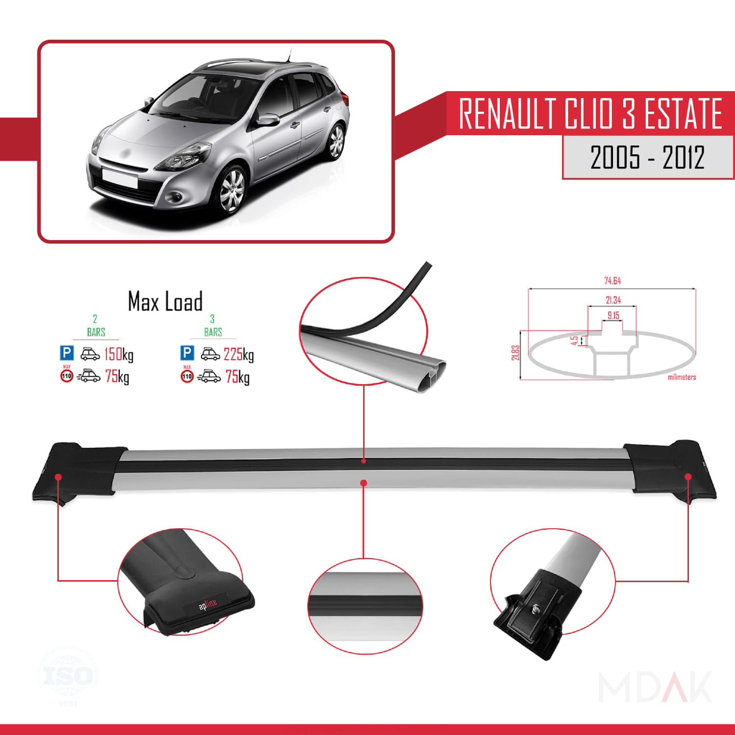 Renault Clio 3 Estate 2005-2012 Arası ile Uyumlu FLY Model Ara Atkı Tavan Barı Gri 2 Adet - Görsel 4
