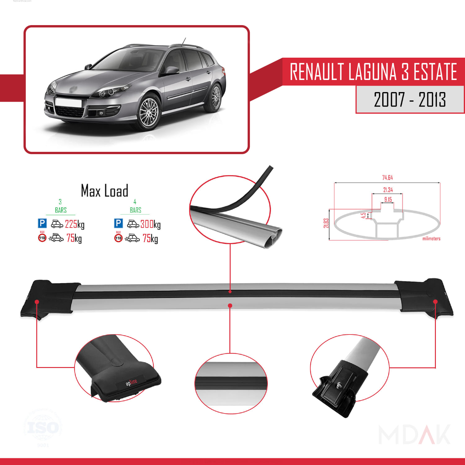 Renault Laguna 3 Estate 2007-2013 Arası ile Uyumlu FLY Model Ara Atkı Tavan Barı Gri 3 Adet - Görsel 3