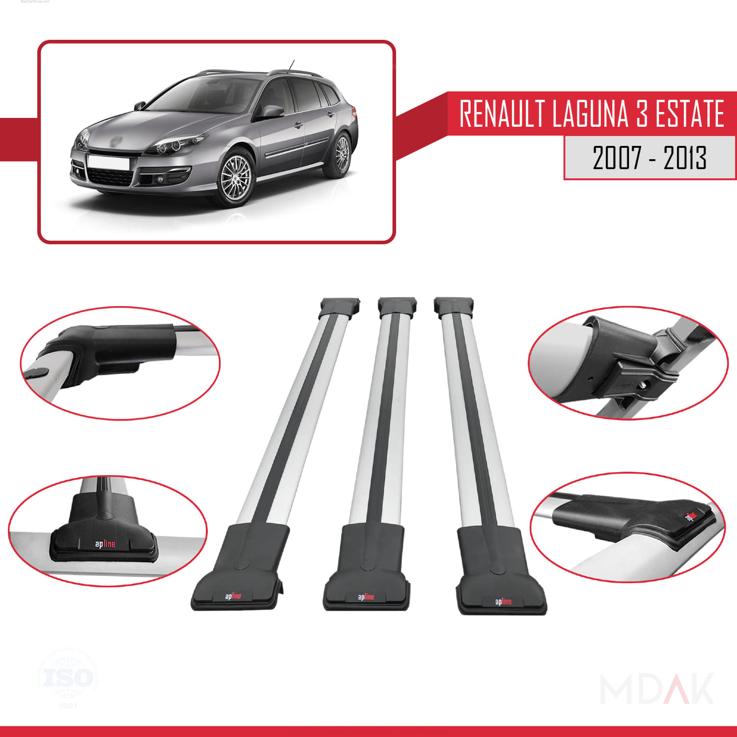 Renault Laguna 3 Estate 2007-2013 Arası ile Uyumlu FLY Model Ara Atkı Tavan Barı Gri 3 Adet - Görsel 4
