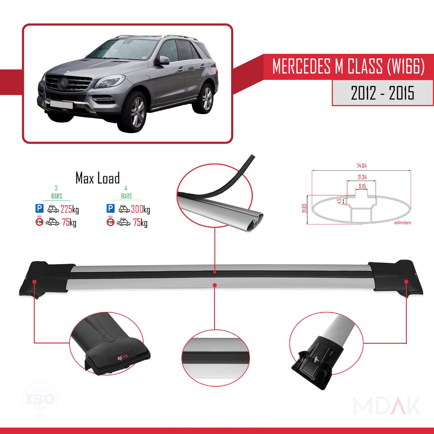 Mercedes M Class 3 (W166) Pre-Facelift 2012-2015 Arası ile Uyumlu FLY Model Ara Atkı Tavan Barı Gri 3 Adet - Görsel 3