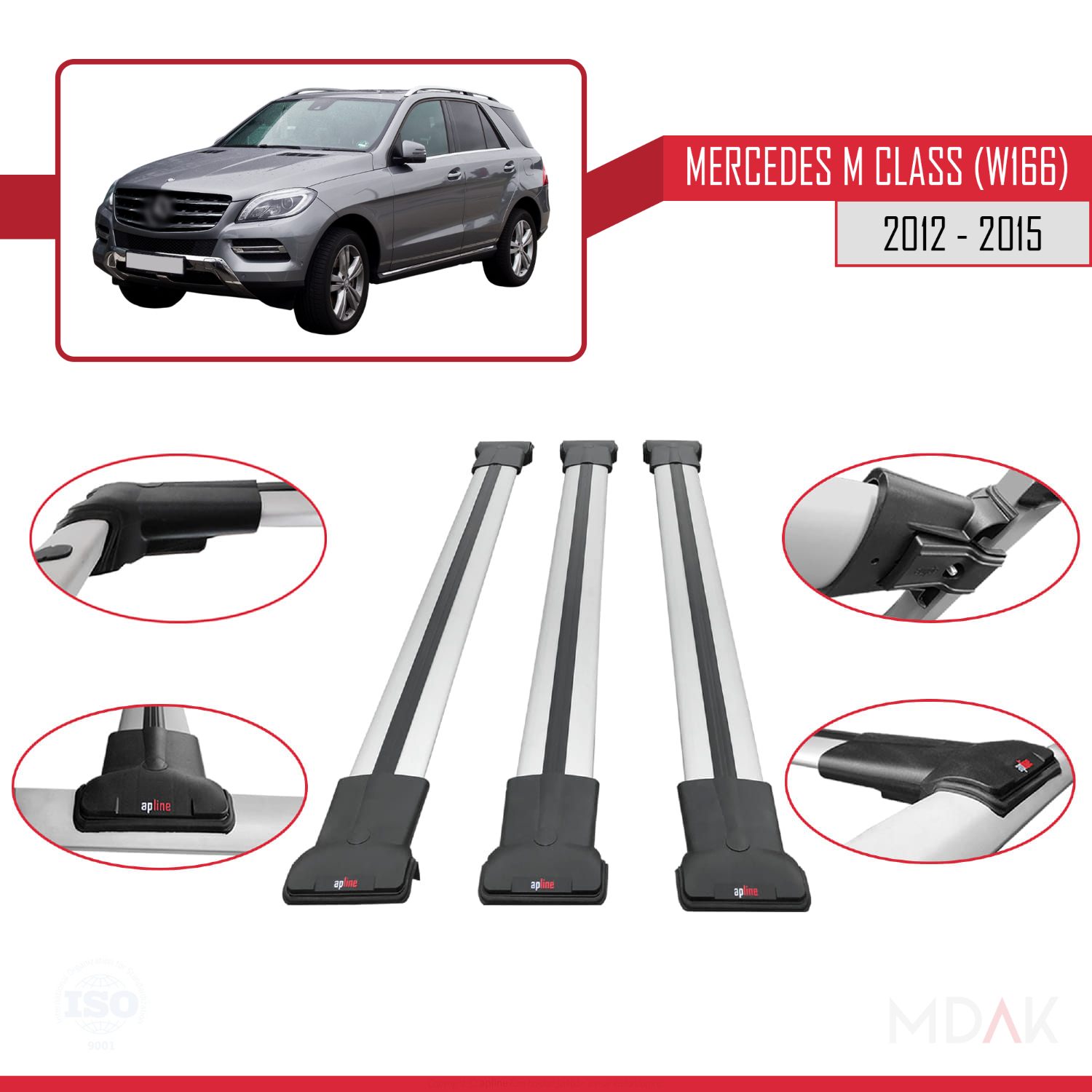 Mercedes M Class 3 (W166) Pre-Facelift 2012-2015 Arası ile Uyumlu FLY Model Ara Atkı Tavan Barı Gri 3 Adet - Görsel 4