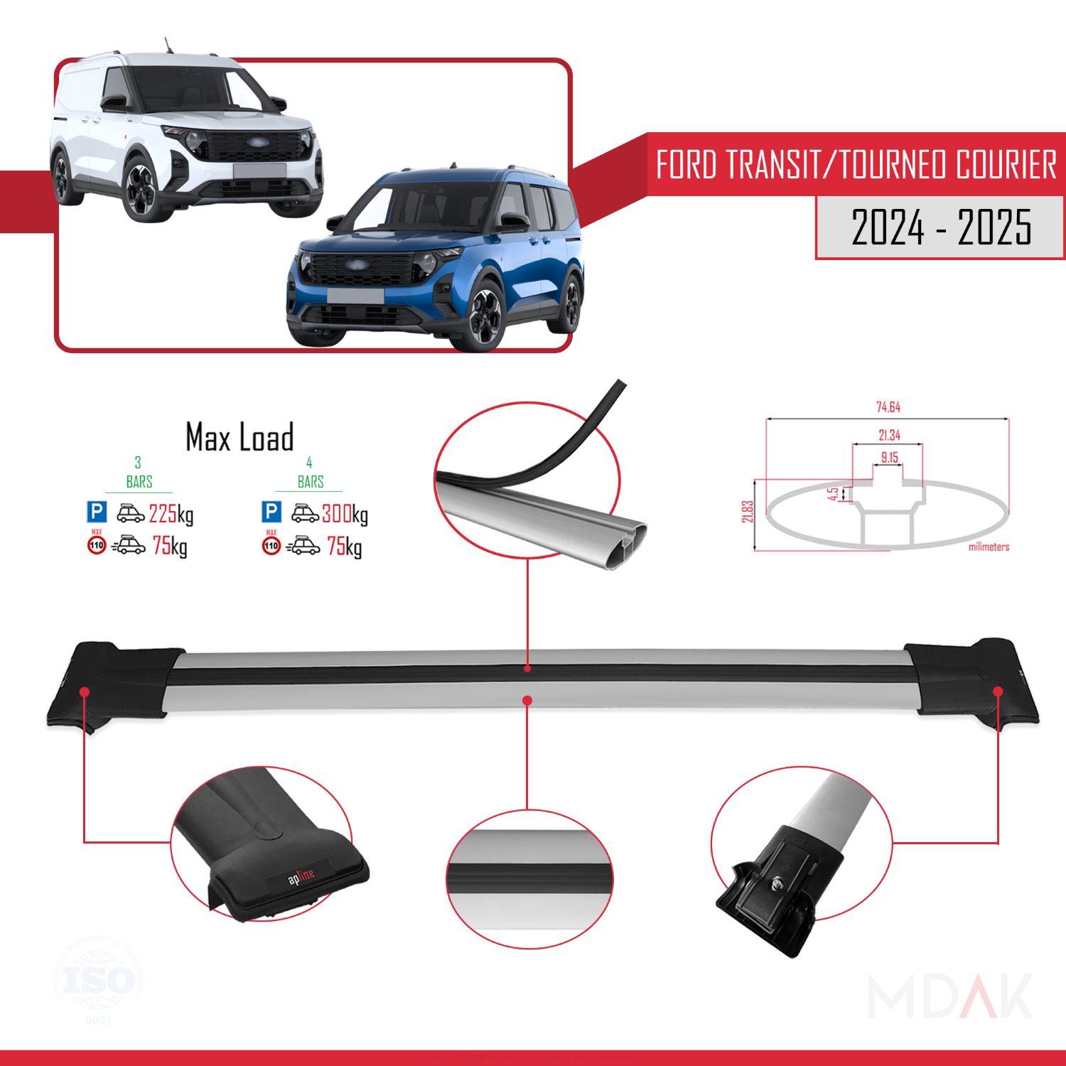Ford Transit/Tourneo Courier 2024-2025 Arası ile Uyumlu FLY Model Ara Atkı Tavan Barı Gri 3 Adet - Görsel 3