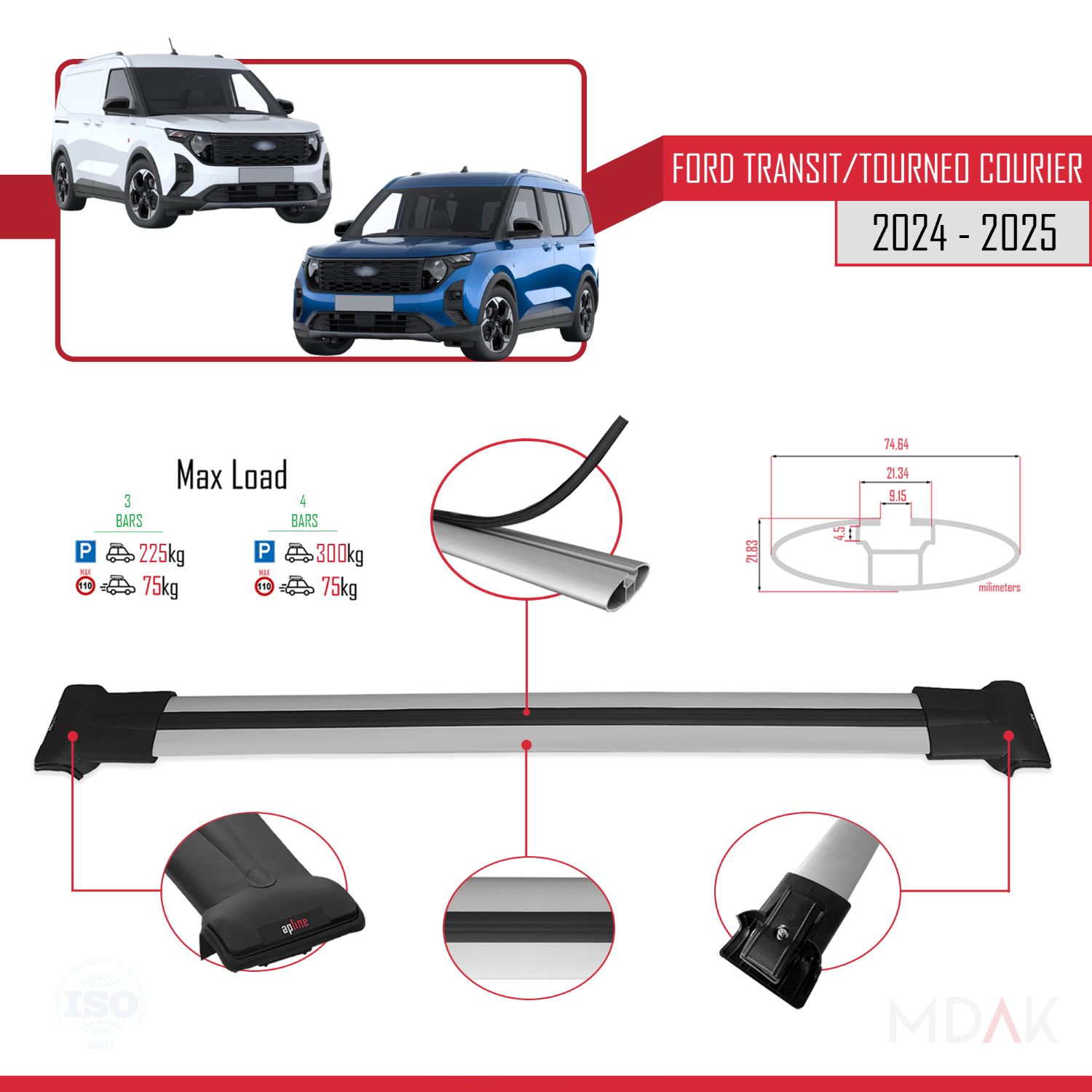 Ford Transit/Tourneo Courier 2024-2025 Arası ile Uyumlu FLY Model Ara Atkı Tavan Barı Gri 4 Adet - Görsel 3