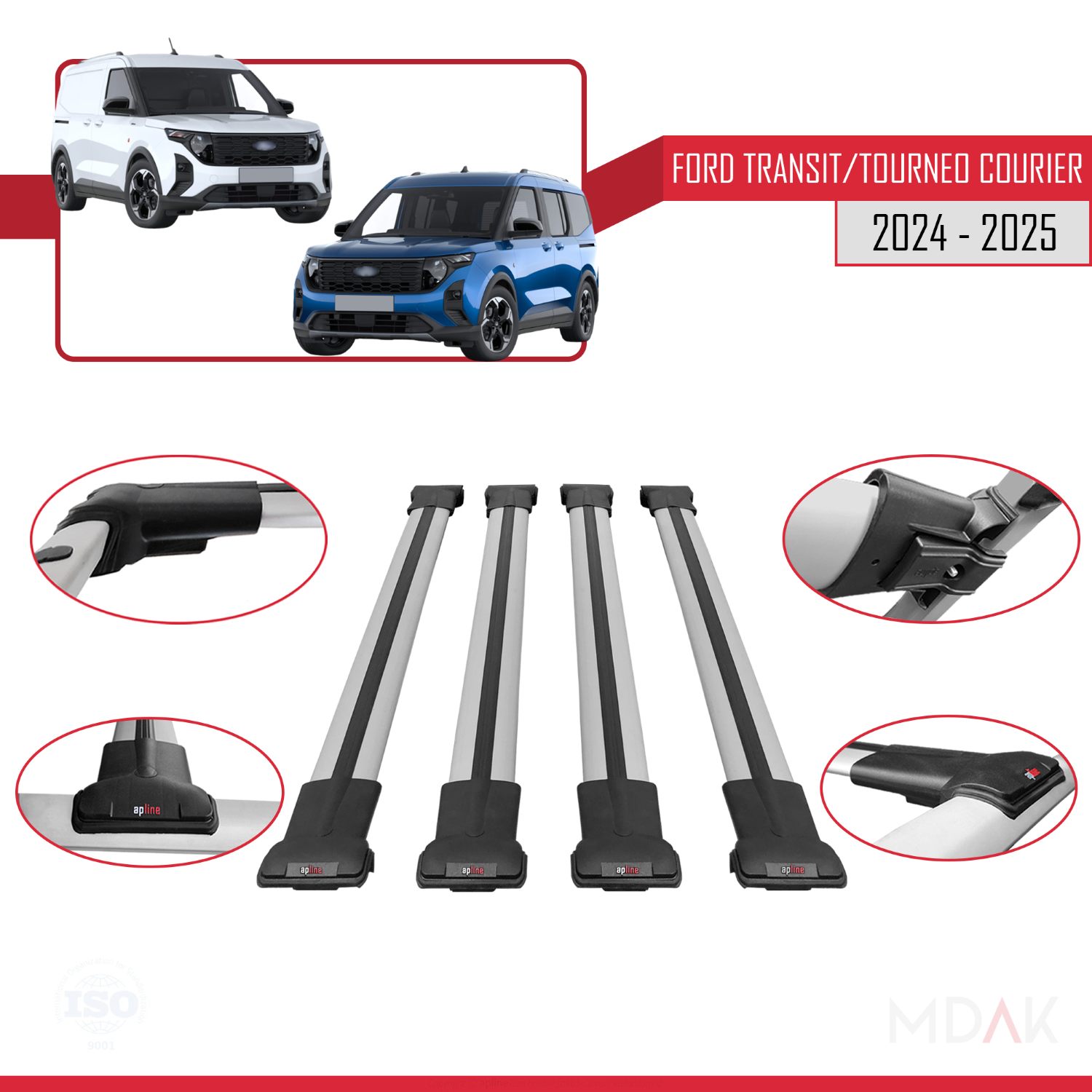 Ford Transit/Tourneo Courier 2024-2025 Arası ile Uyumlu FLY Model Ara Atkı Tavan Barı Gri 4 Adet - Görsel 4