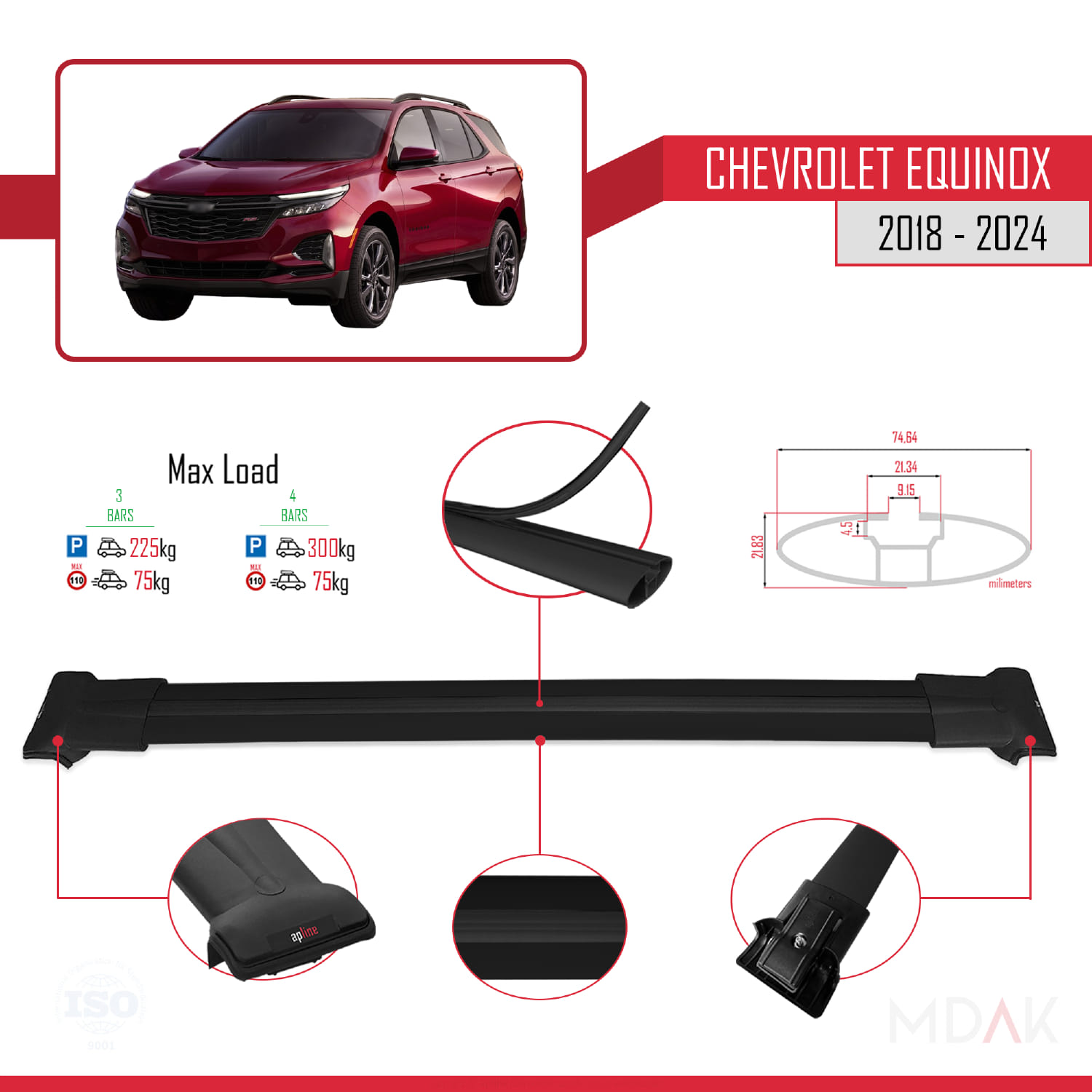 Chevrolet Equinox 2018-2024 Arası ile Uyumlu FLY Model Ara Atkı Tavan Barı Siyah 3 Adet - Görsel 3