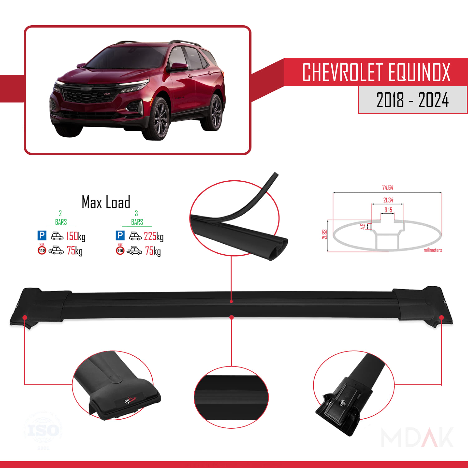 Chevrolet Equinox 2018-2024 Arası ile Uyumlu FLY Model Ara Atkı Tavan Barı Siyah 2 Adet - Görsel 4