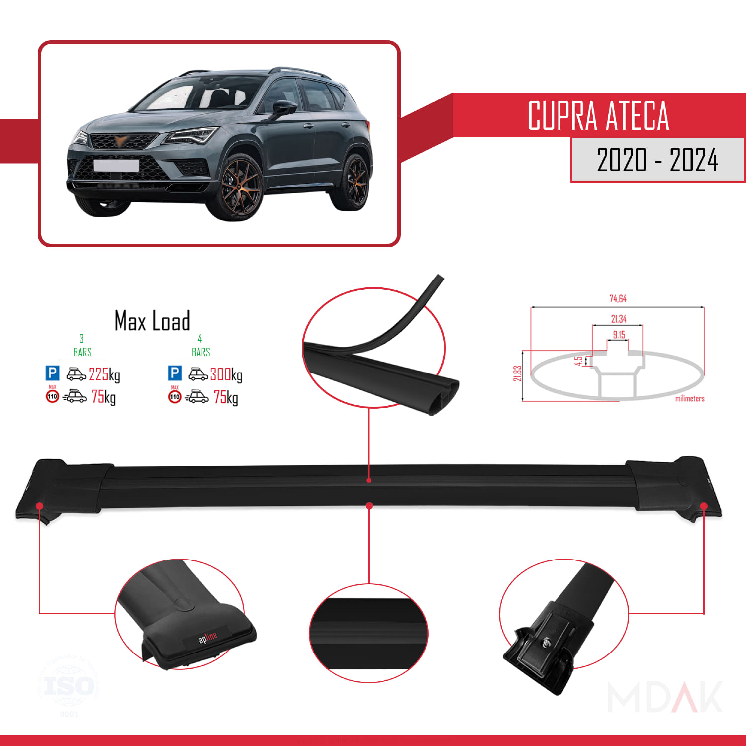 Cupra Ateca 2020-2024 Arası ile Uyumlu FLY Model Ara Atkı Tavan Barı Siyah 3 Adet - Görsel 3
