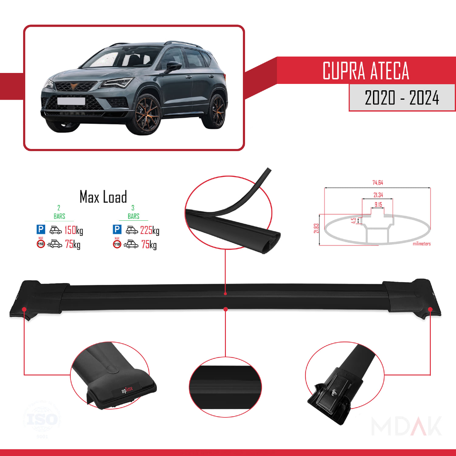 Cupra Ateca 2020-2024 Arası ile Uyumlu FLY Model Ara Atkı Tavan Barı Siyah 2 Adet - Görsel 4