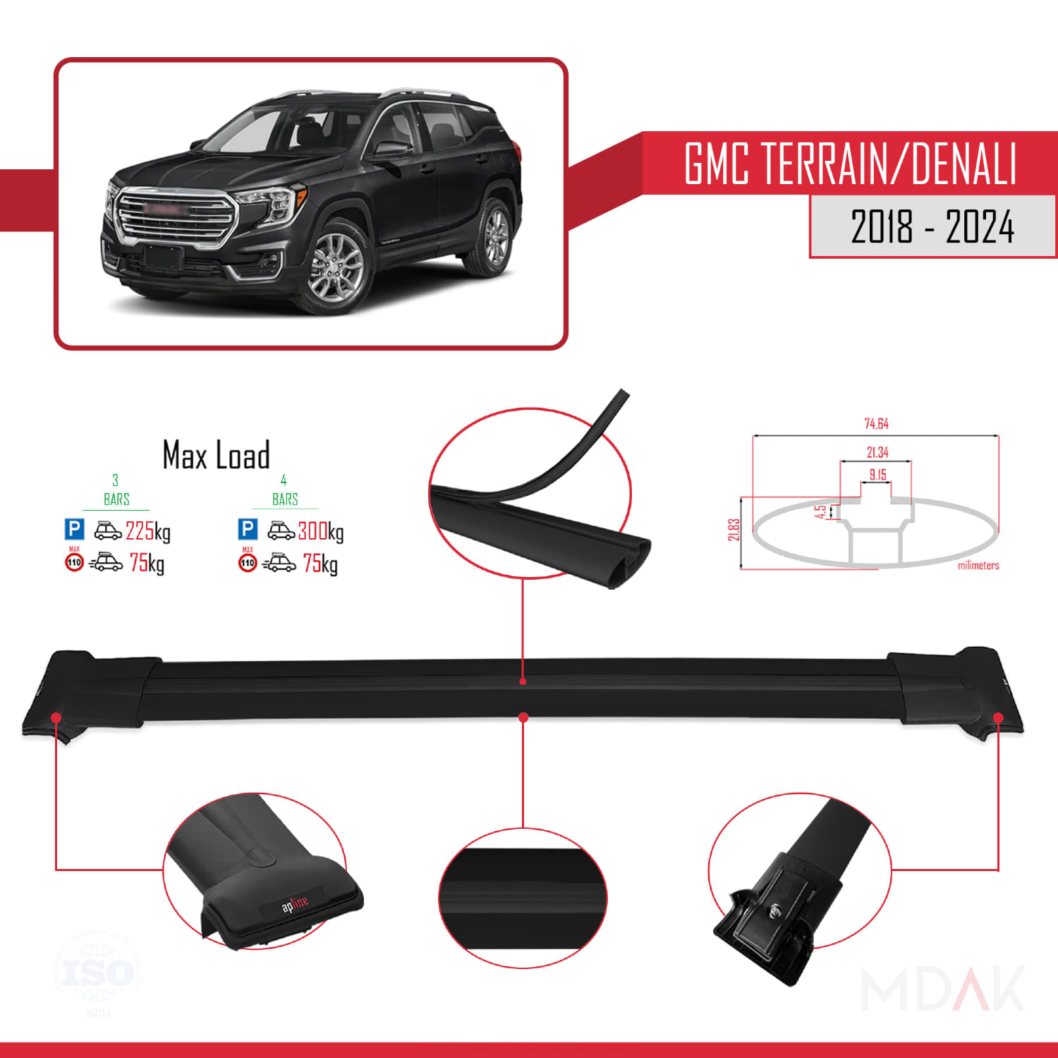 GMC Terrain / Denali 2018-2024 Arası ile Uyumlu FLY Model Ara Atkı Tavan Barı Siyah 3 Adet - Görsel 3