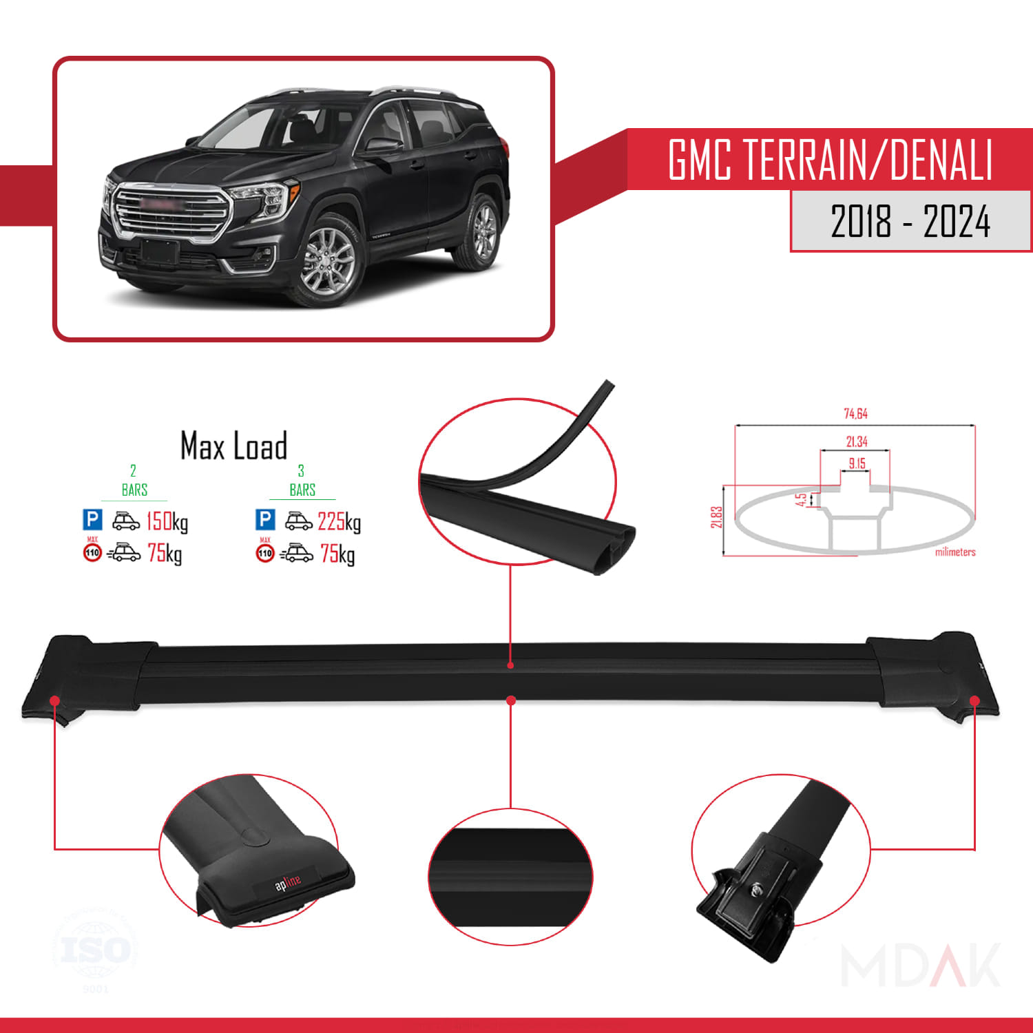 GMC Terrain / Denali 2018-2024 Arası ile Uyumlu FLY Model Ara Atkı Tavan Barı Siyah 2 Adet - Görsel 4
