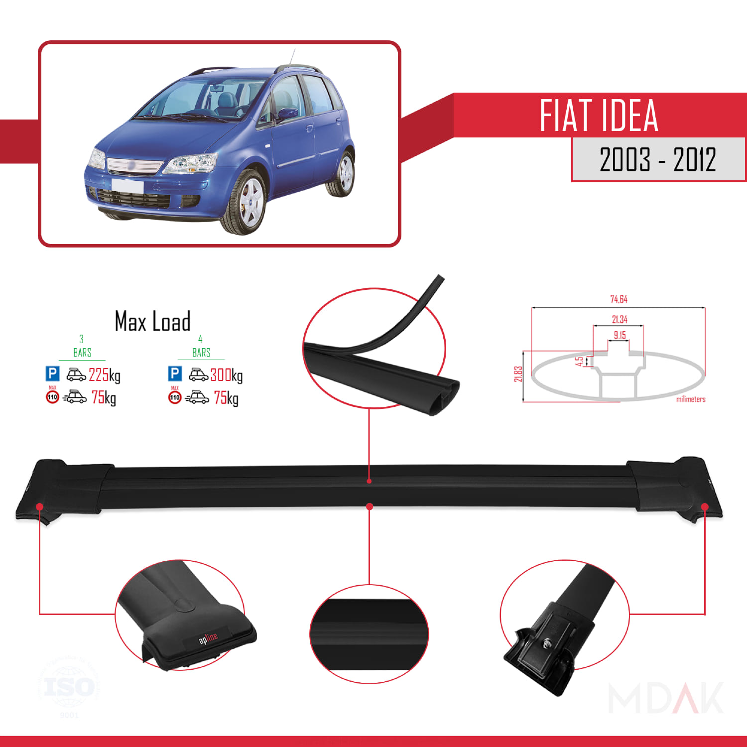 Fiat Idea 2003-2012 Arası ile Uyumlu FLY Model Ara Atkı Tavan Barı Siyah 3 Adet - Görsel 3