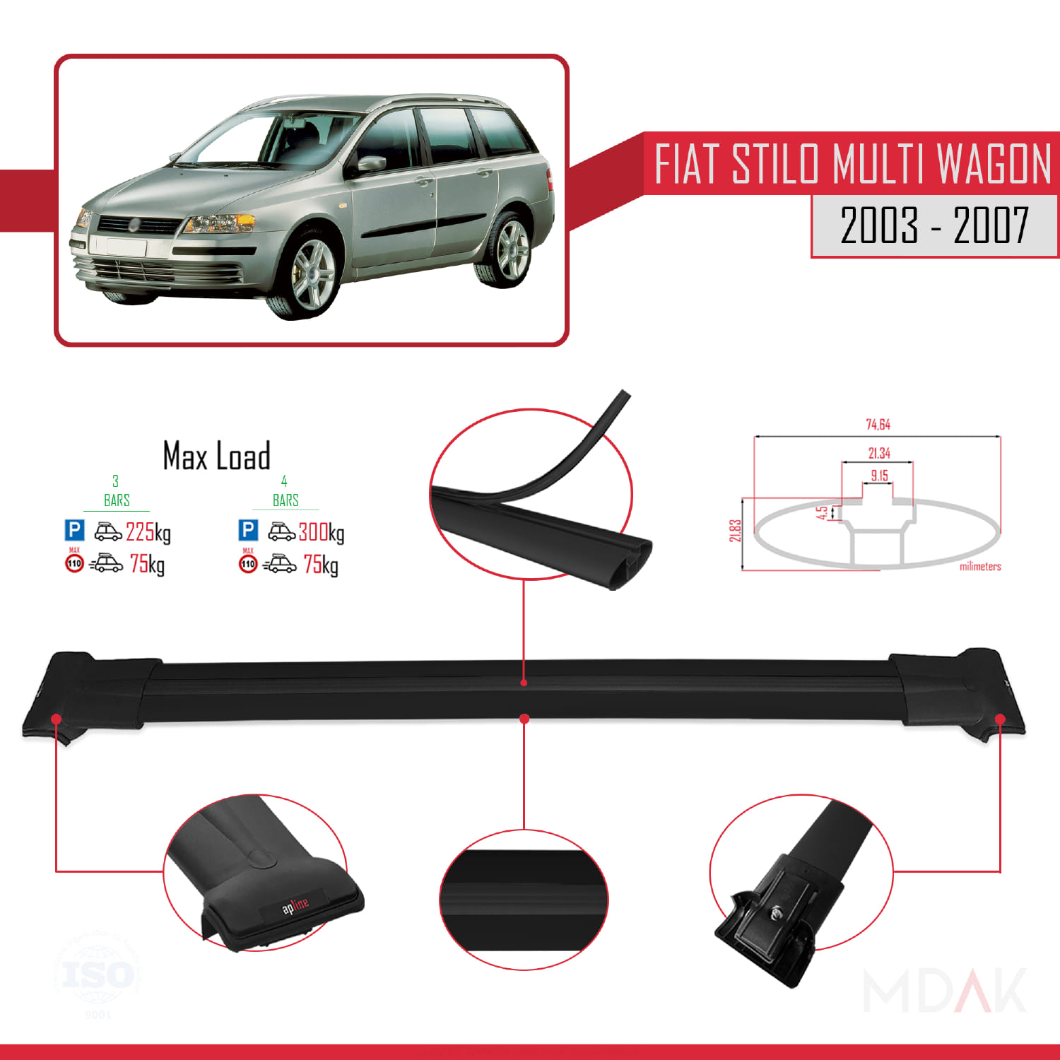 Fiat Stilo Multi Wagon 2003-2007 Arası ile Uyumlu FLY Model Ara Atkı Tavan Barı Siyah 3 Adet - Görsel 3