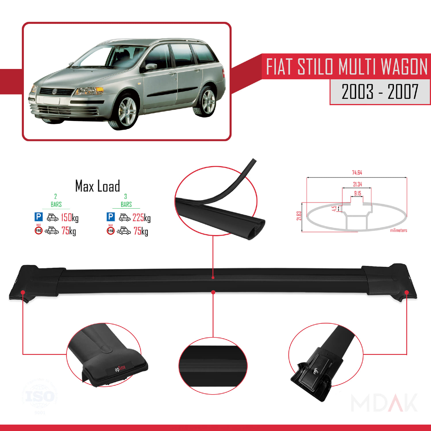 Fiat Stilo Multi Wagon 2003-2007 Arası ile Uyumlu FLY Model Ara Atkı Tavan Barı Siyah 2 Adet - Görsel 4