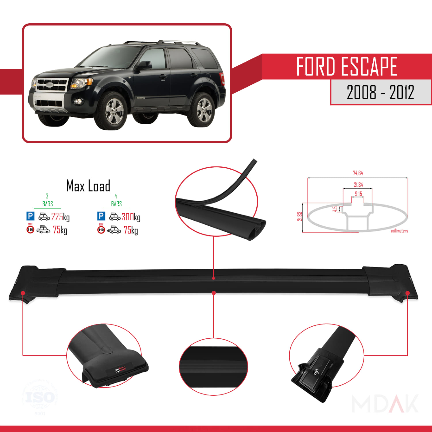 Ford Escape 2008-2012 Arası ile Uyumlu FLY Model Ara Atkı Tavan Barı Siyah 3 Adet - Görsel 3