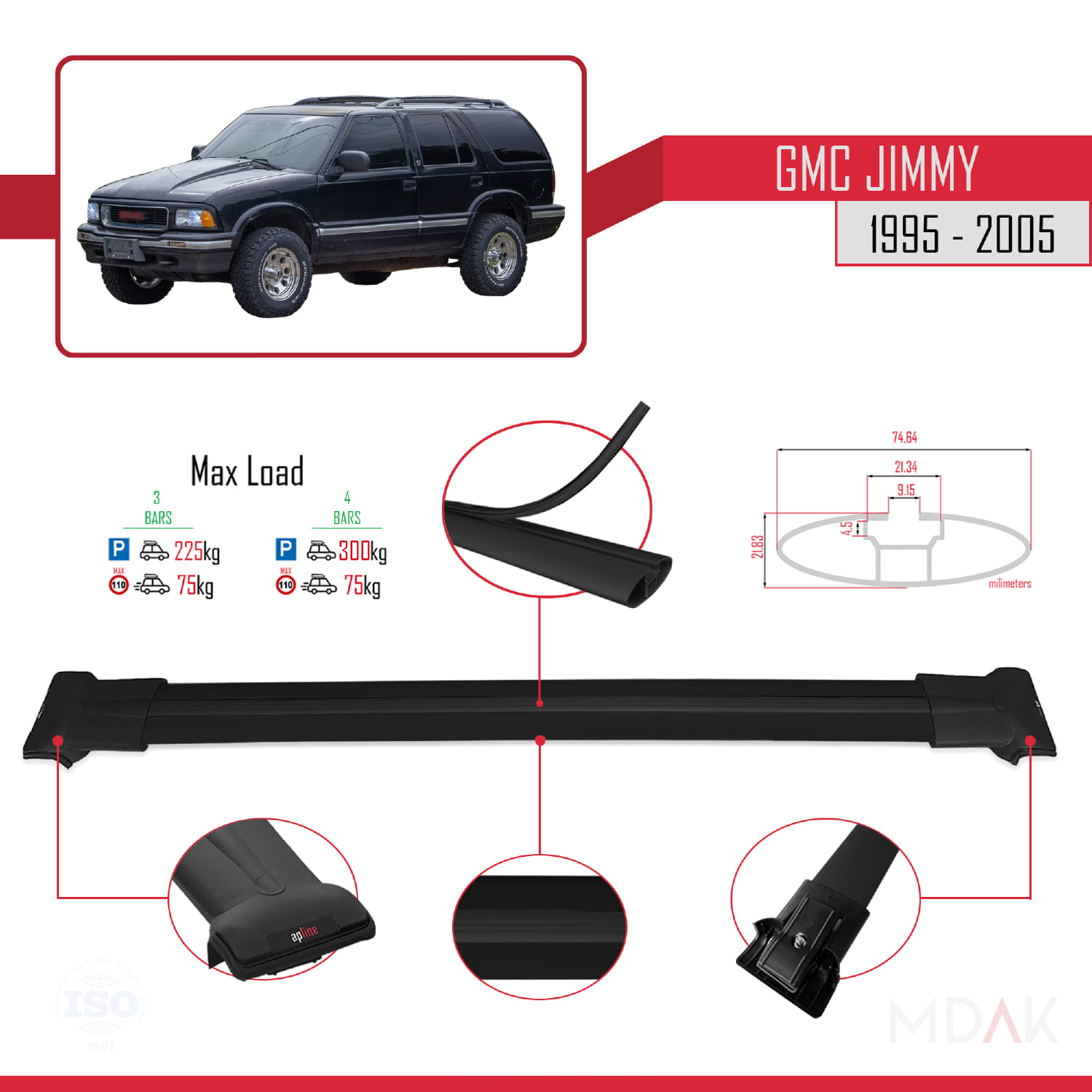 GMC Jimmy 1995-2005 Arası ile Uyumlu FLY Model Ara Atkı Tavan Barı Siyah 4 Adet - Görsel 3