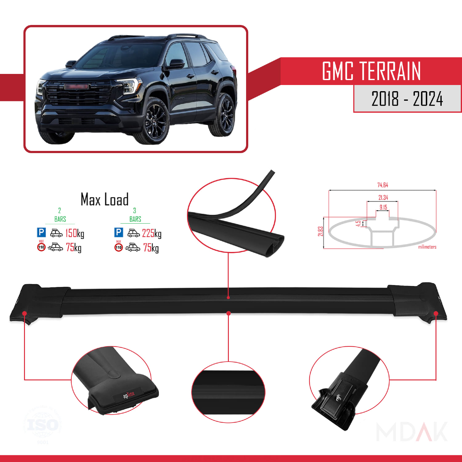 GMC Terrain 2018-2024 Arası ile Uyumlu FLY Model Ara Atkı Tavan Barı Siyah 2 Adet - Görsel 4
