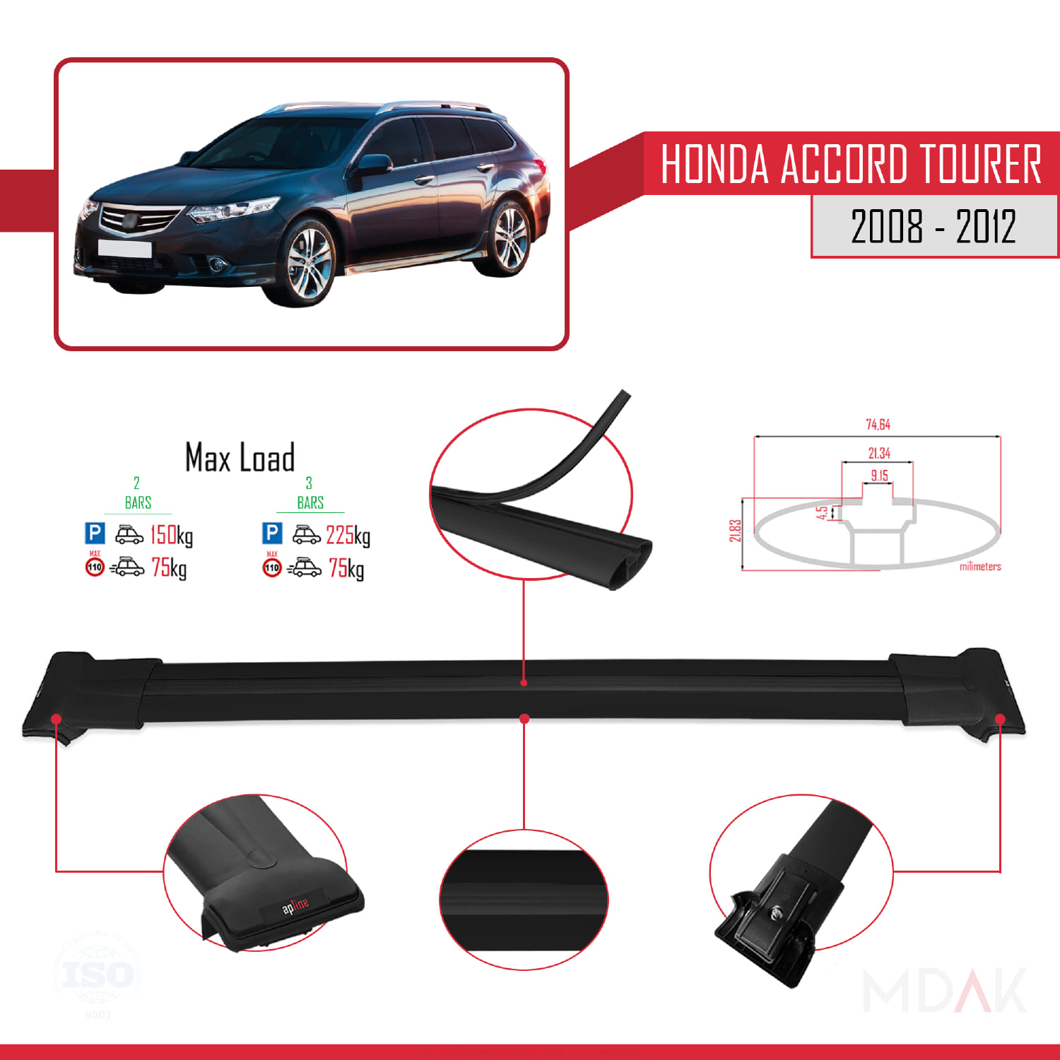 Honda Accord Tourer 2008-2012 Arası ile Uyumlu FLY Model Ara Atkı Tavan Barı Siyah 2 Adet - Görsel 4