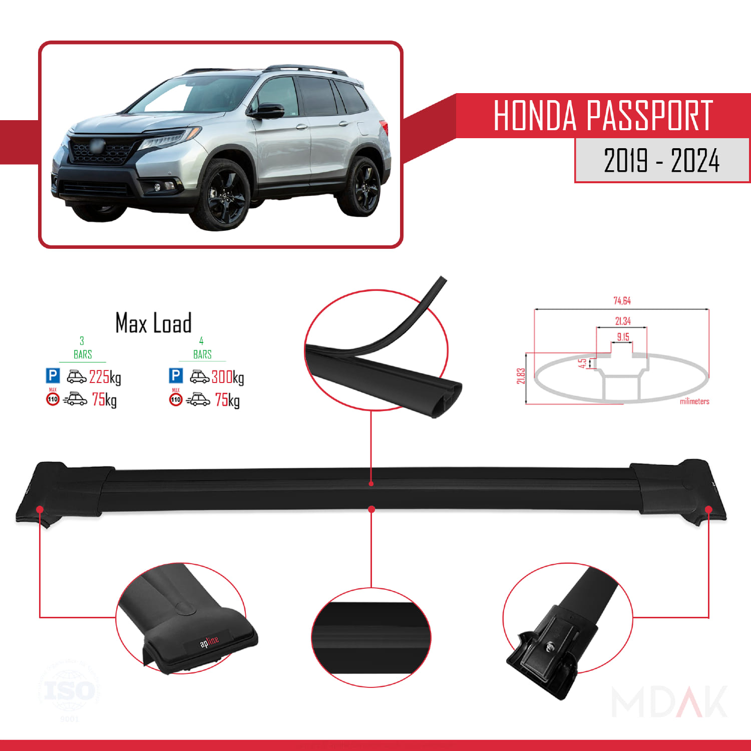 Honda Passport 2019-2024 Arası ile Uyumlu FLY Model Ara Atkı Tavan Barı Siyah 3 Adet - Görsel 3