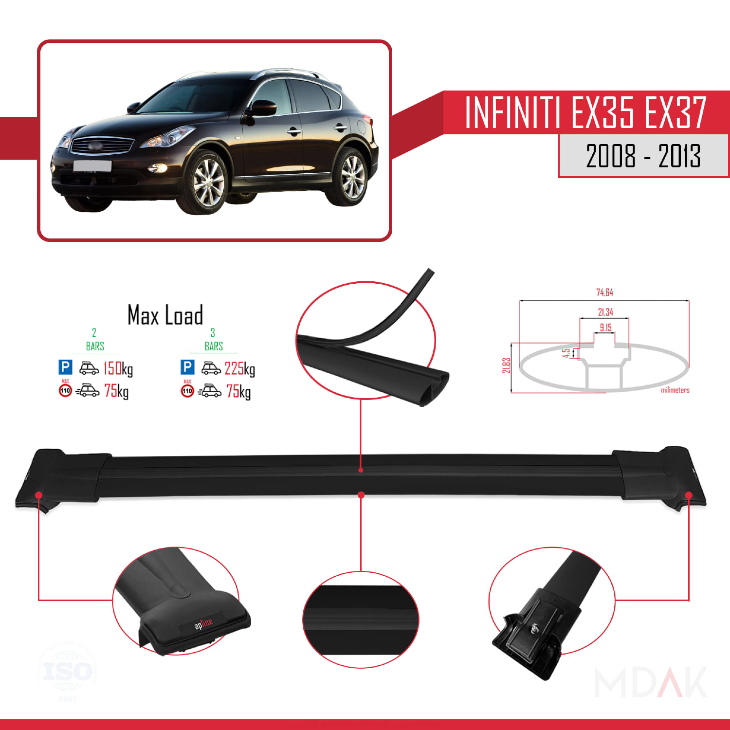Infiniti EX35 EX37 2008-2013 Arası ile Uyumlu FLY Model Ara Atkı Tavan Barı Siyah 2 Adet - Görsel 4