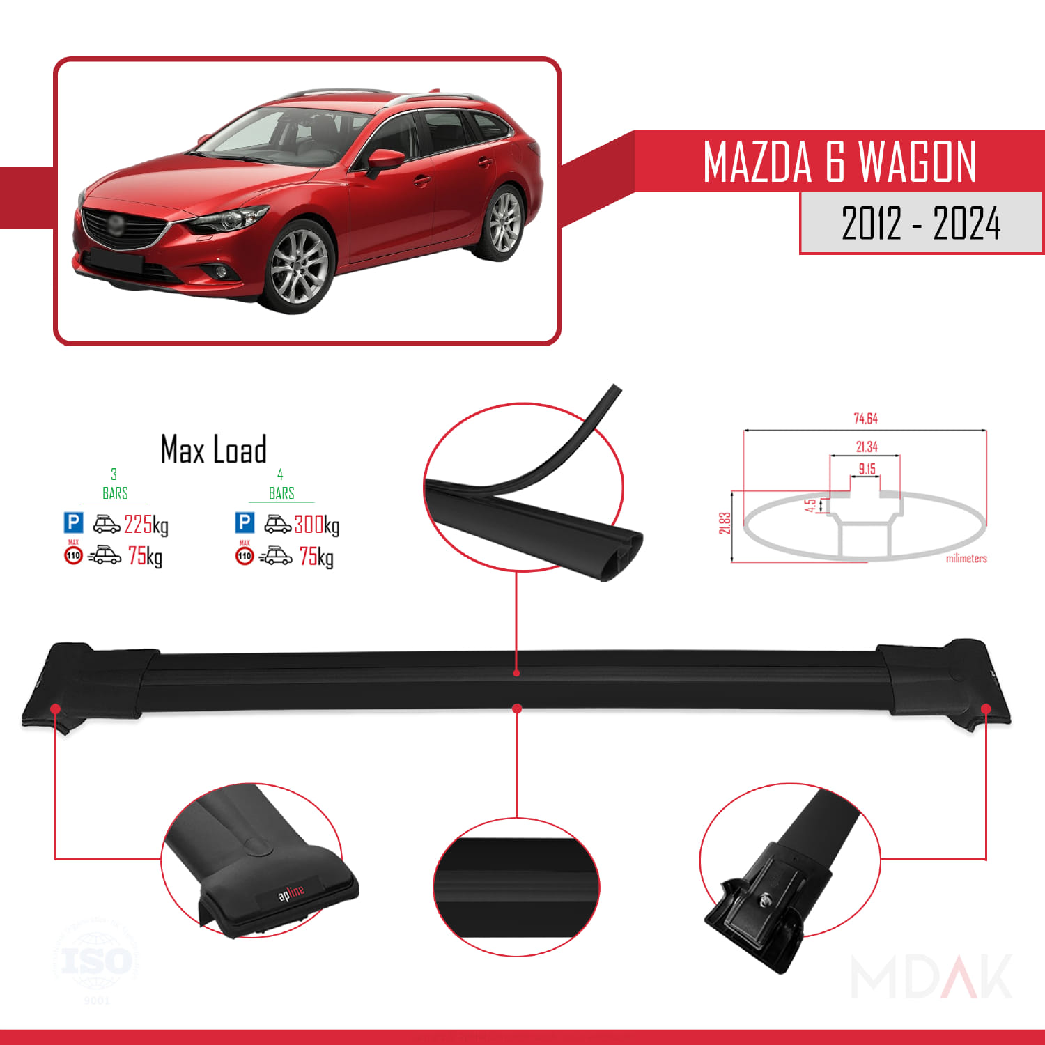 Mazda 6 Wagon 2012-2024 Arası ile Uyumlu FLY Model Ara Atkı Tavan Barı Siyah 3 Adet - Görsel 3