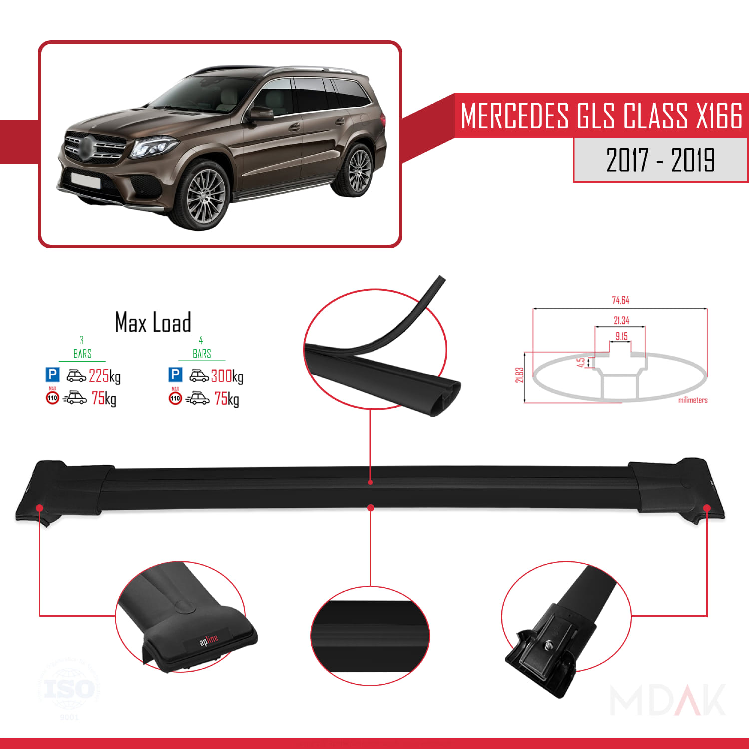 Mercedes GLS Class X166 2017-2019 Arası ile Uyumlu FLY Model Ara Atkı Tavan Barı Siyah 3 Adet - Görsel 3