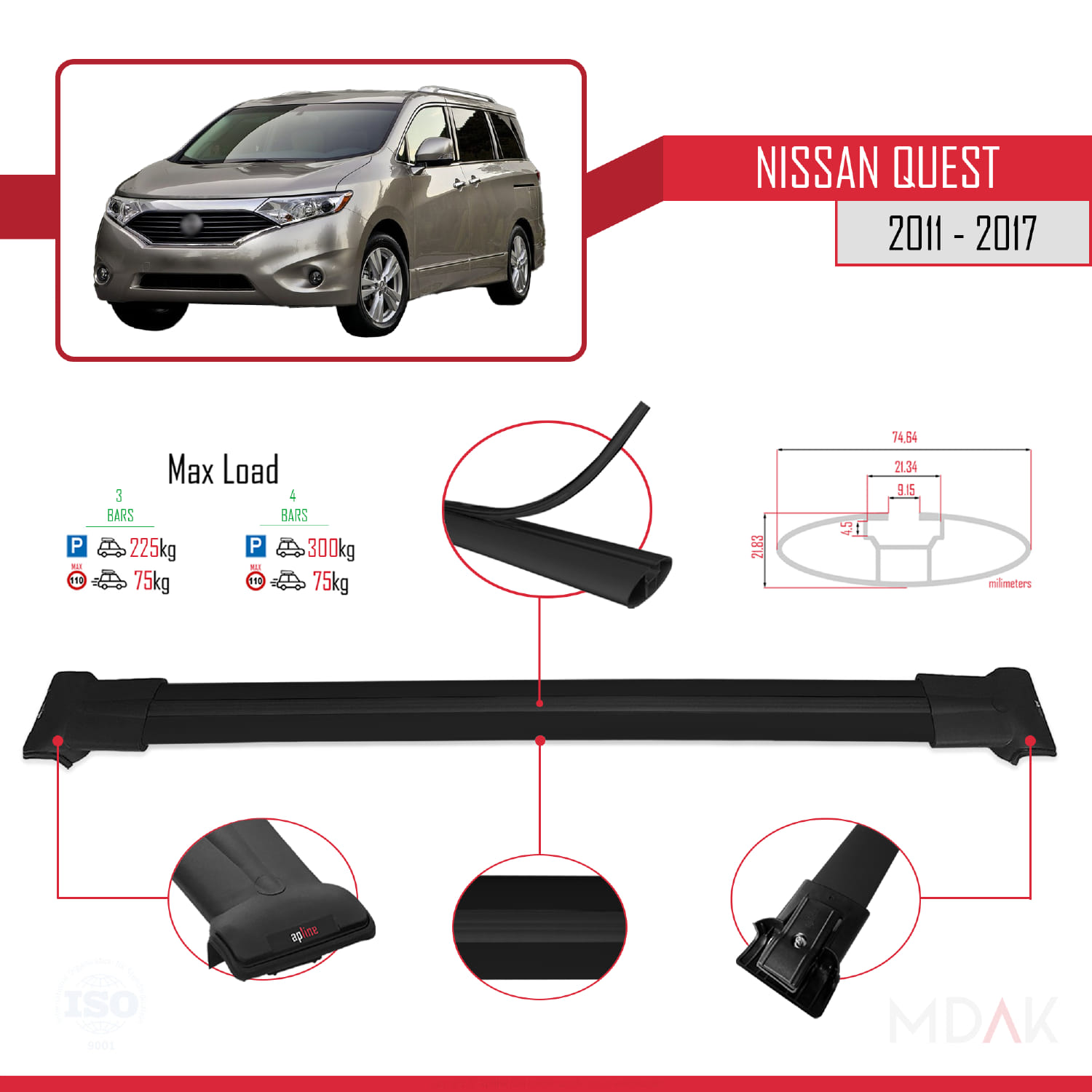 Nissan Quest 2011-2017 Arası ile Uyumlu FLY Model Ara Atkı Tavan Barı Siyah 3 Adet - Görsel 3