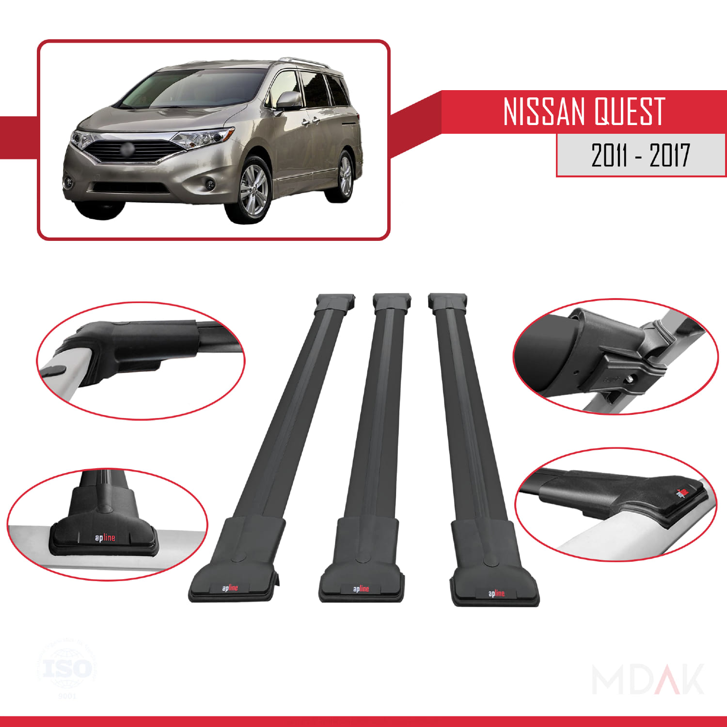 Nissan Quest 2011-2017 Arası ile Uyumlu FLY Model Ara Atkı Tavan Barı Siyah 3 Adet - Görsel 4