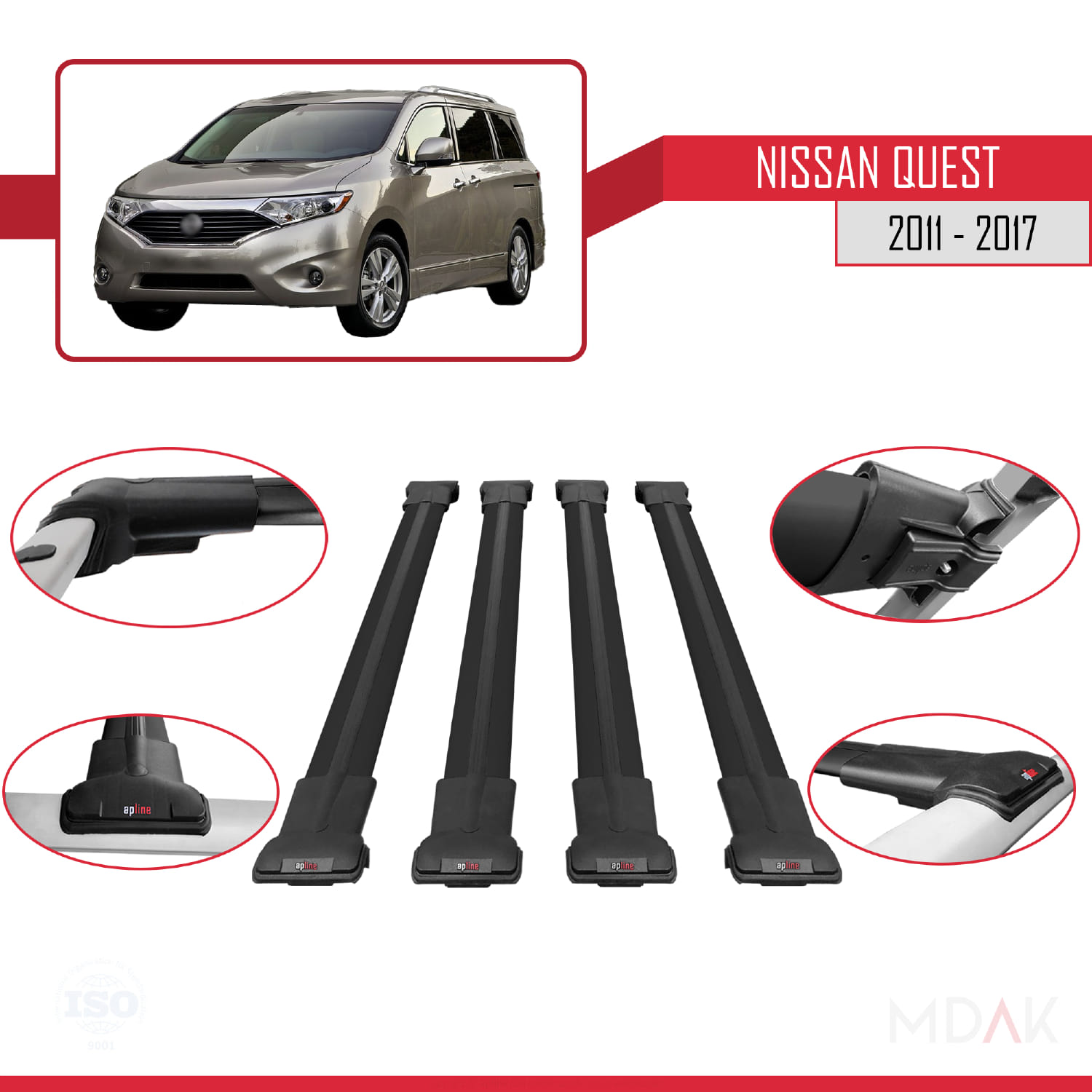 Nissan Quest 2011-2017 Arası ile Uyumlu FLY Model Ara Atkı Tavan Barı Siyah 4 Adet - Görsel 4