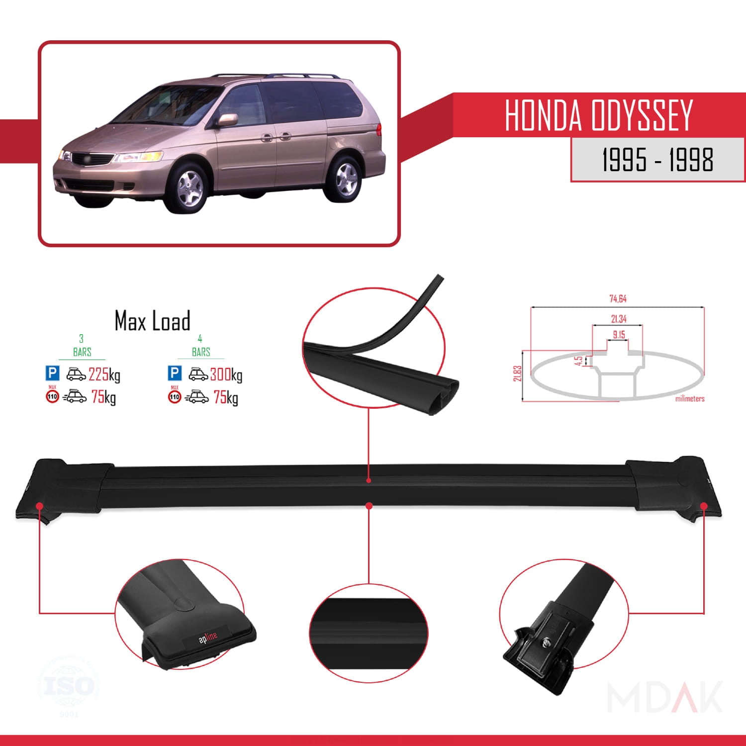 Honda Odyssey 1995-1998 Arası ile Uyumlu FLY Model Ara Atkı Tavan Barı Siyah 3 Adet - Görsel 3