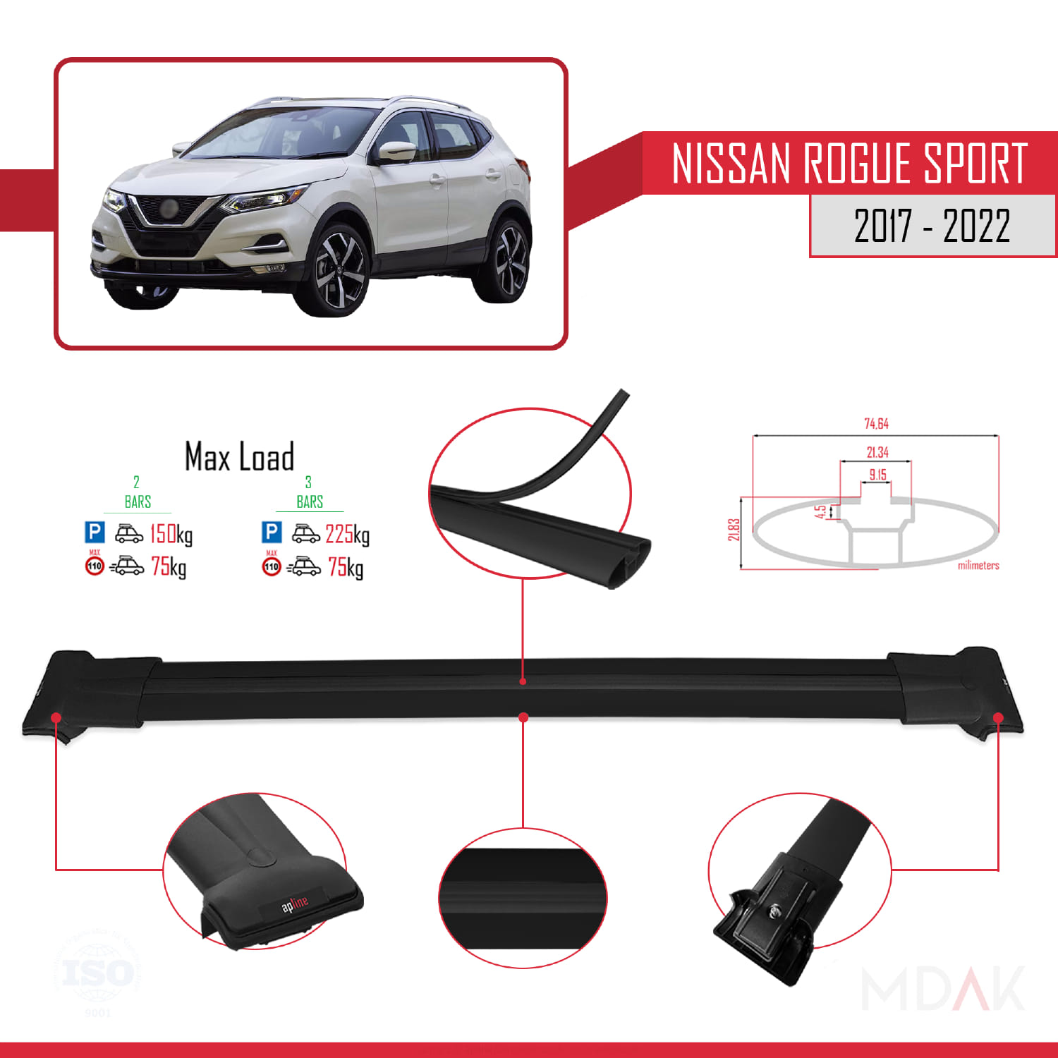 Nissan Rogue Sport 2017-2022 Arası ile Uyumlu FLY Model Ara Atkı Tavan Barı Siyah 2 Adet - Görsel 4