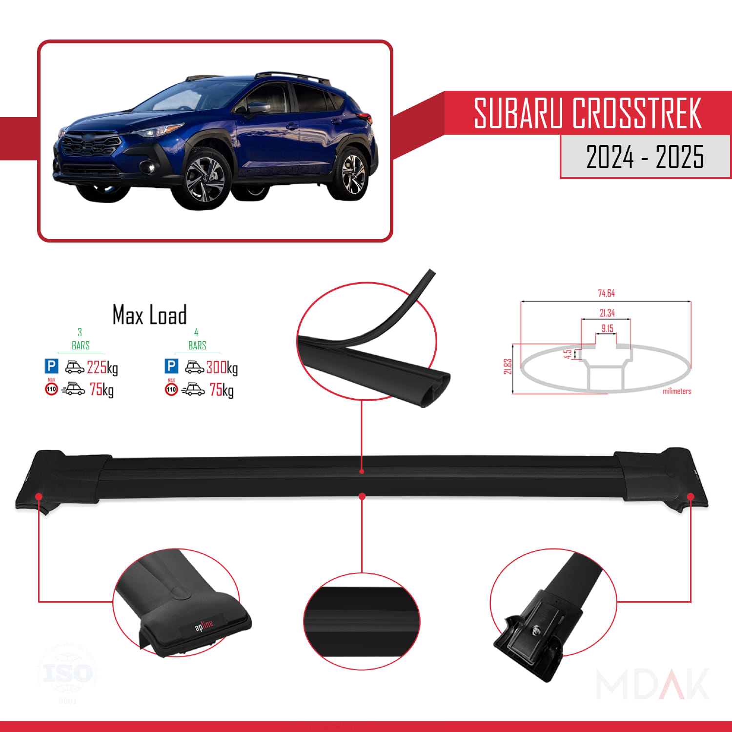 Subaru Crosstrek 2024 ve Sonrası ile Uyumlu FLY Model Ara Atkı Tavan Barı Siyah 3 Adet - Görsel 3