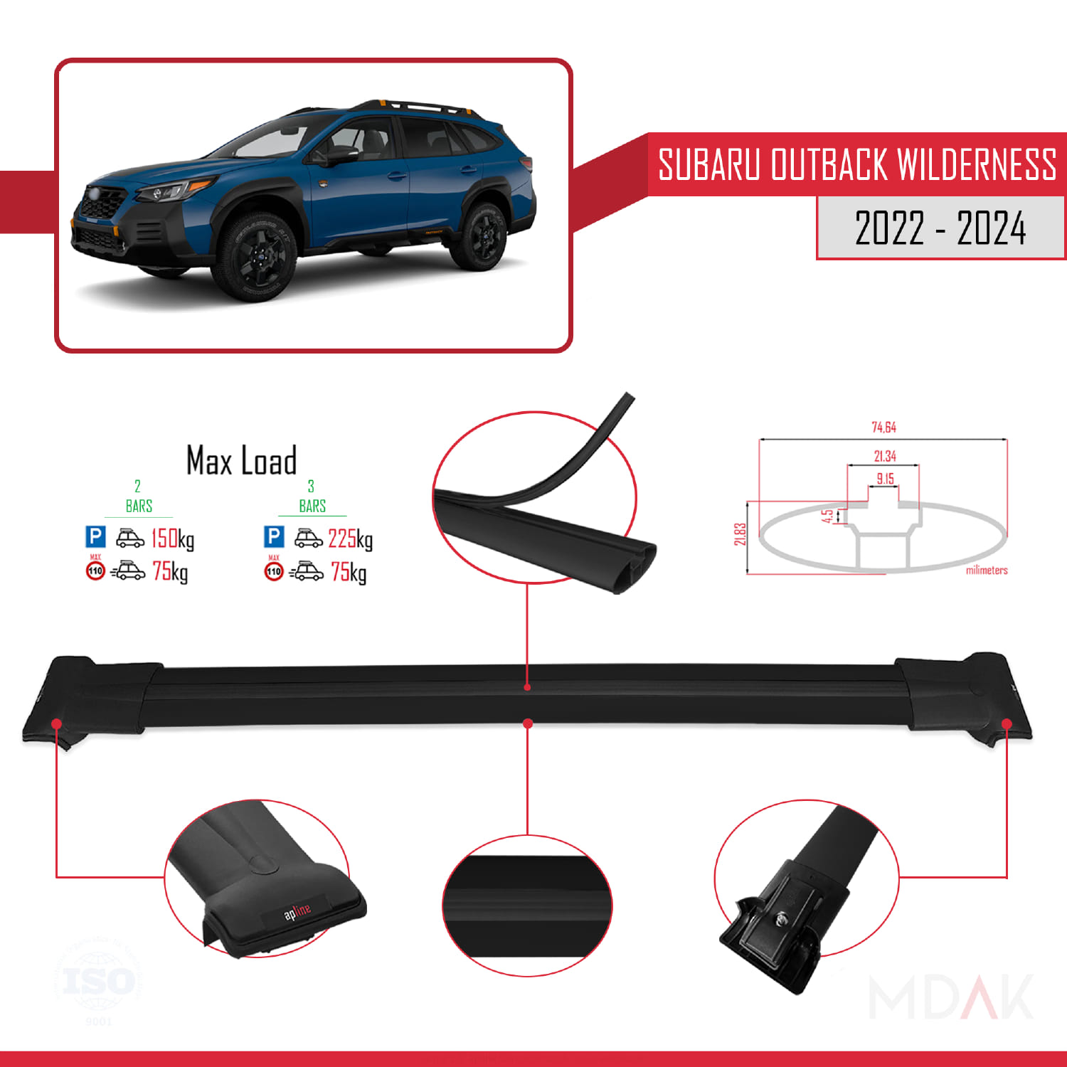 Subaru Outback Wilderness 2022-2024 Arası ile Uyumlu FLY Model Ara Atkı Tavan Barı Siyah 2 Adet - Görsel 4