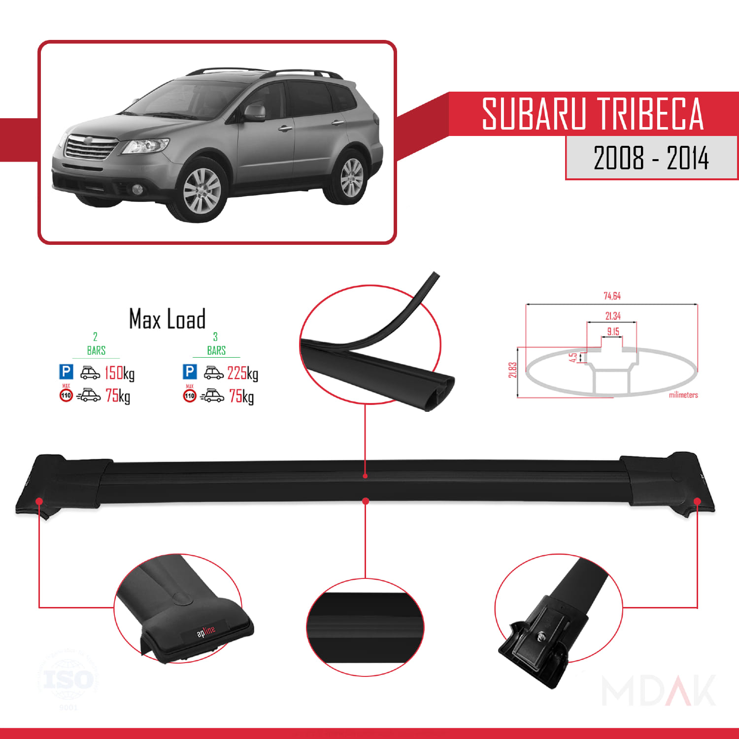 Subaru Tribeca 2008-2014 Arası ile Uyumlu FLY Model Ara Atkı Tavan Barı Siyah 2 Adet - Görsel 4