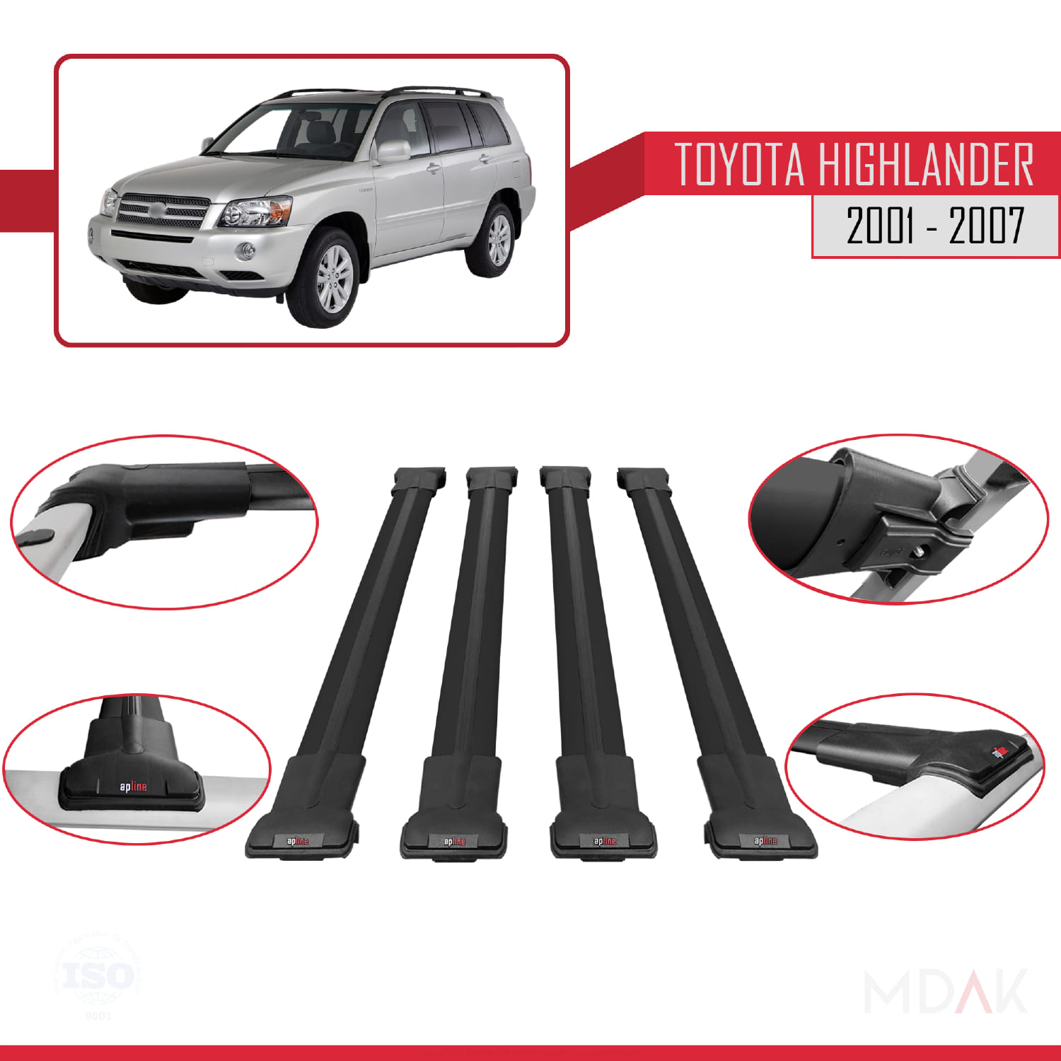 Toyota Highlander 2001-2007 Arası ile Uyumlu FLY Model Ara Atkı Tavan Barı Siyah 4 Adet - Görsel 4
