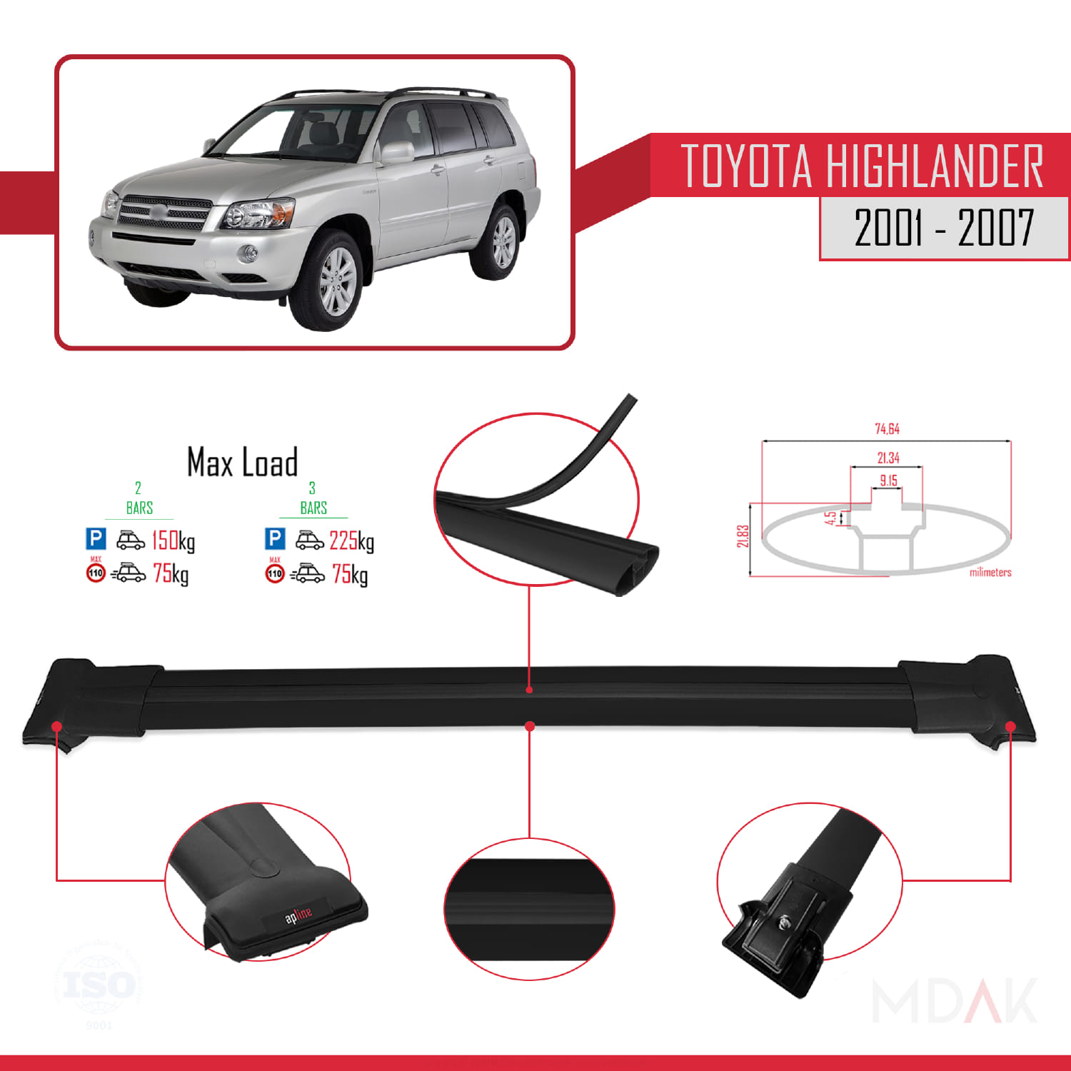 Toyota Highlander 2001-2007 Arası ile Uyumlu FLY Model Ara Atkı Tavan Barı Siyah 2 Adet - Görsel 4
