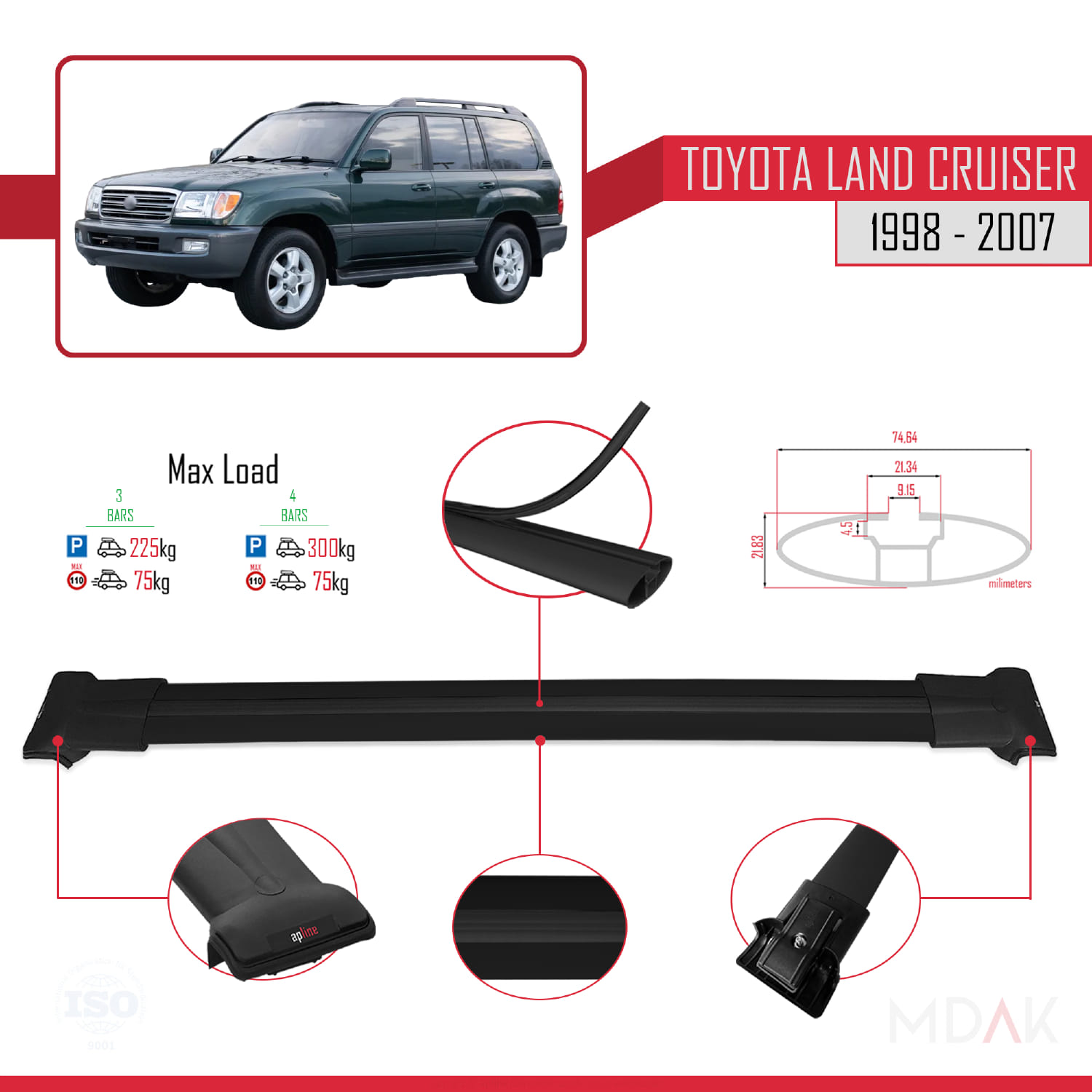 Toyota Land Cruiser 1998-2007 Arası ile Uyumlu FLY Model Ara Atkı Tavan Barı Siyah 3 Adet - Görsel 3