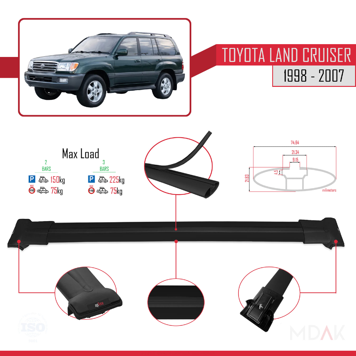 Toyota Land Cruiser 1998-2007 Arası ile Uyumlu FLY Model Ara Atkı Tavan Barı Siyah 2 Adet - Görsel 4