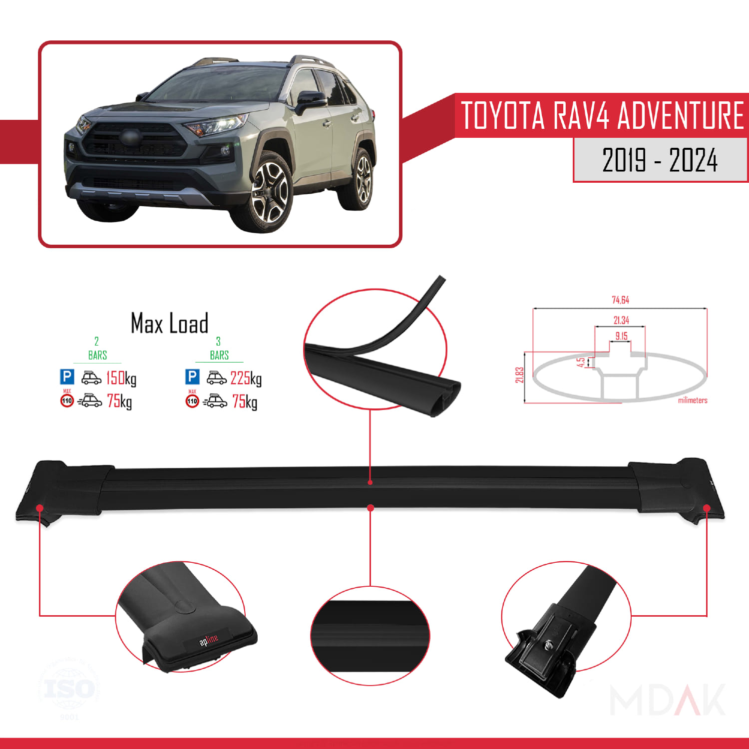 Toyota RAV4 Adventure 2019-2024 Arası ile Uyumlu FLY Model Ara Atkı Tavan Barı Siyah 2 Adet - Görsel 4