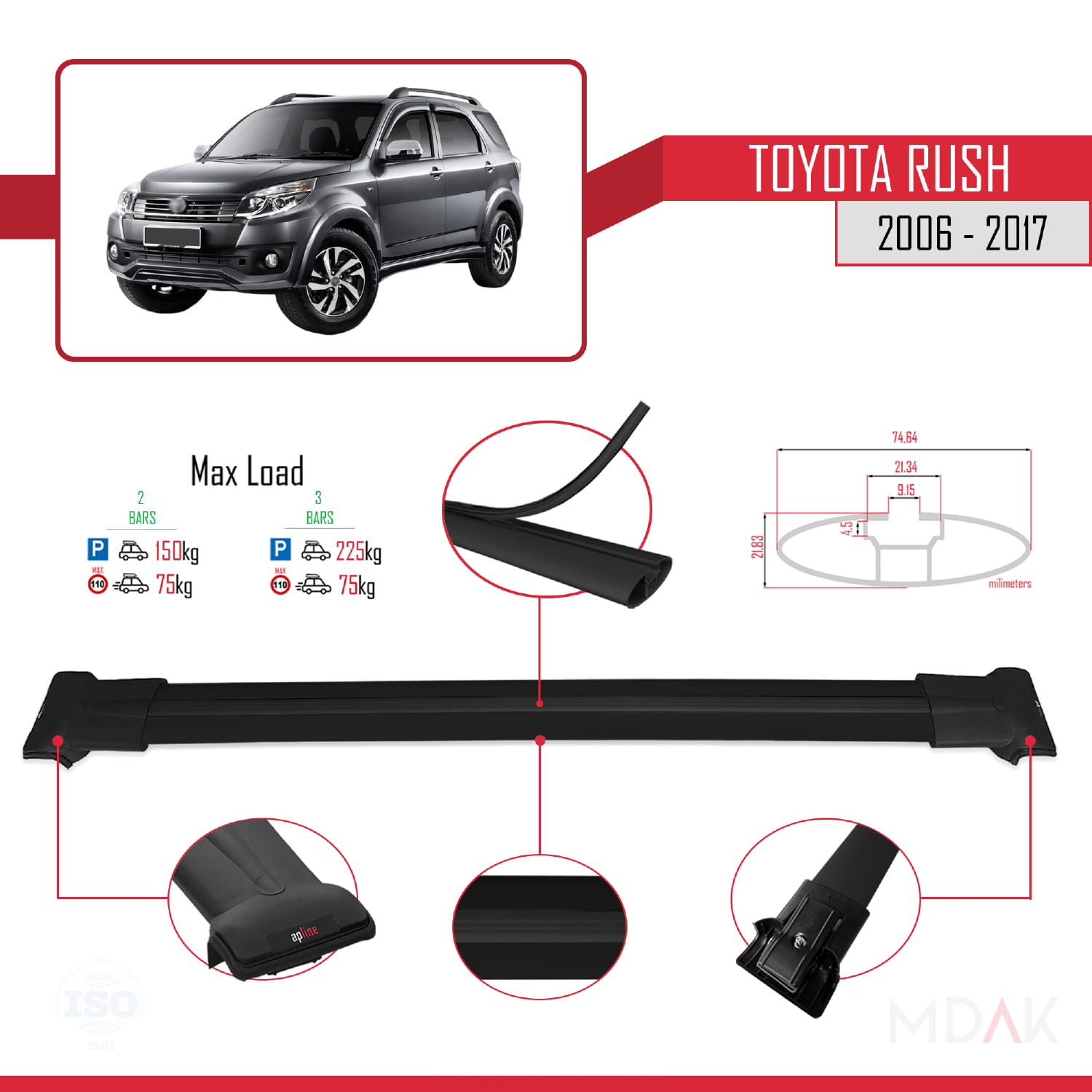 Toyota Rush 2006-2017 Arası ile Uyumlu FLY Model Ara Atkı Tavan Barı Siyah 2 Adet - Görsel 4