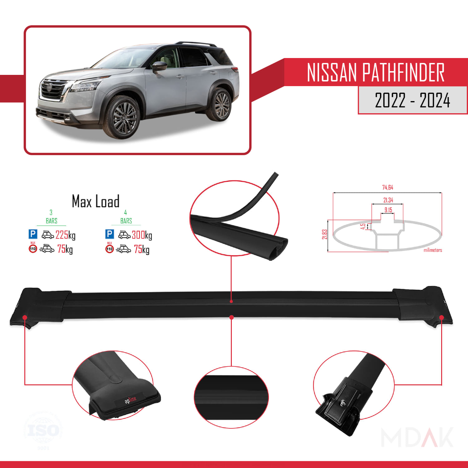 Nissan Pathfinder 2022-2024 Arası ile Uyumlu FLY Model Ara Atkı Tavan Barı Siyah 3 Adet - Görsel 3