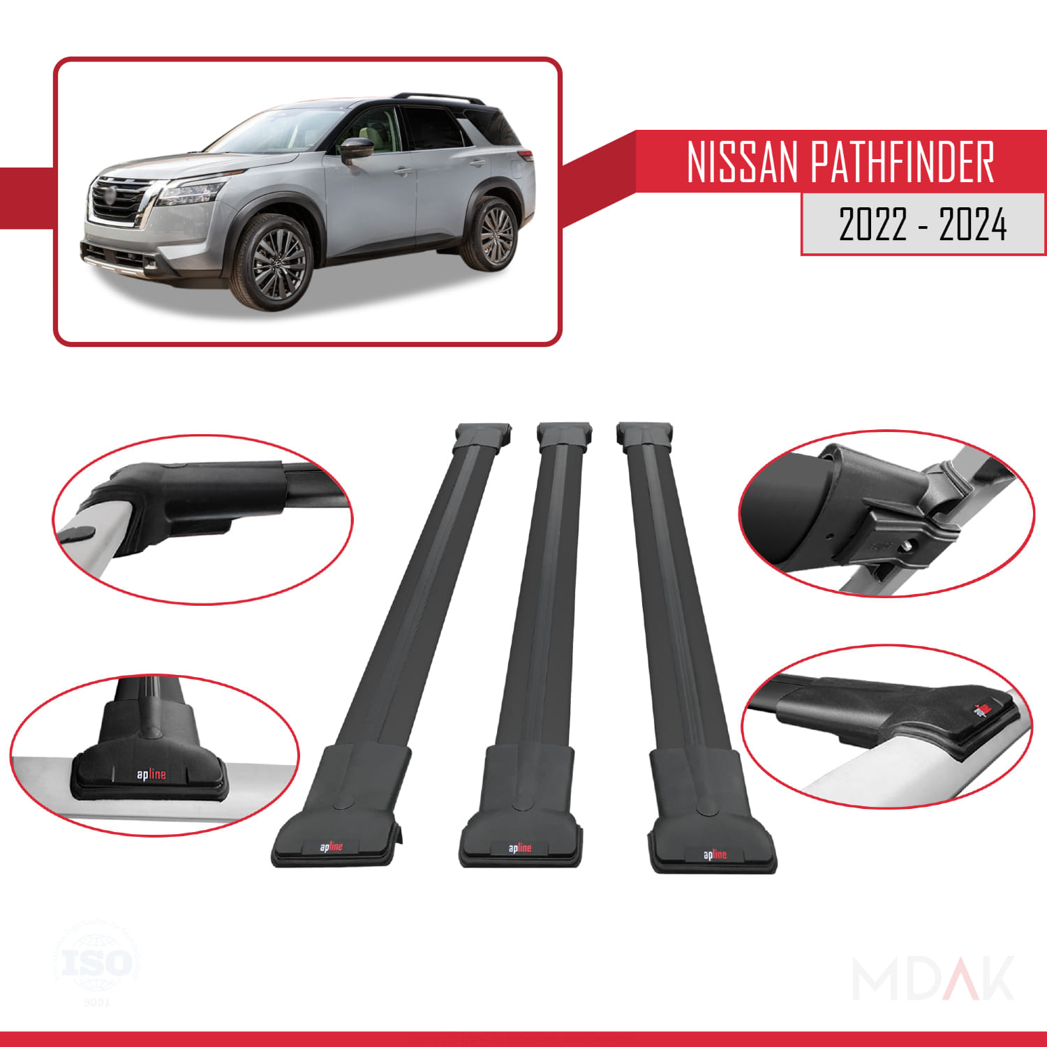 Nissan Pathfinder 2022-2024 Arası ile Uyumlu FLY Model Ara Atkı Tavan Barı Siyah 3 Adet - Görsel 4